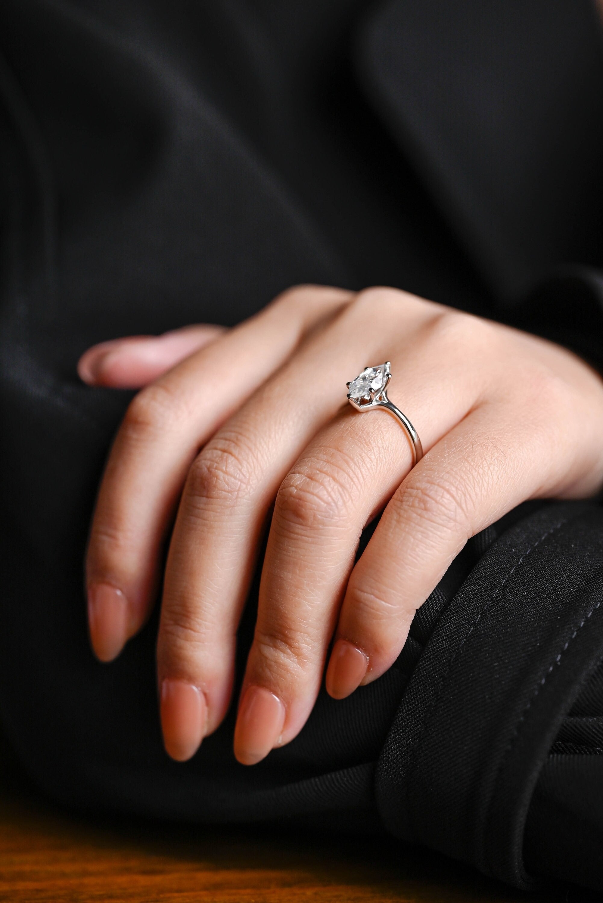 Solid Gold Marquise Cut Moissanite Engagement Ring, Promise Ring