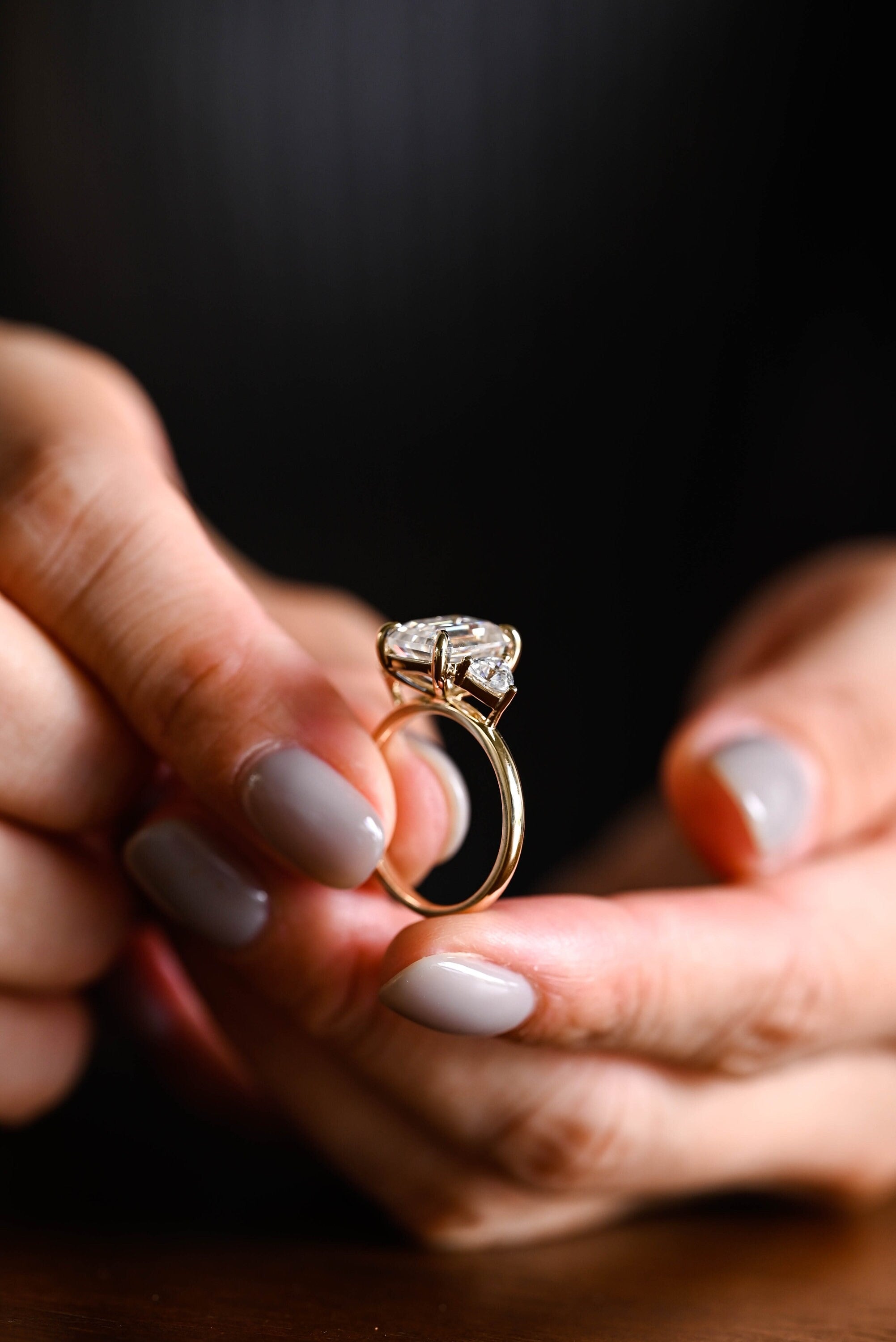 Solid Gold Emerald Cut Moissanite Engagement Ring With Trillion Accent, Three Stone Ring