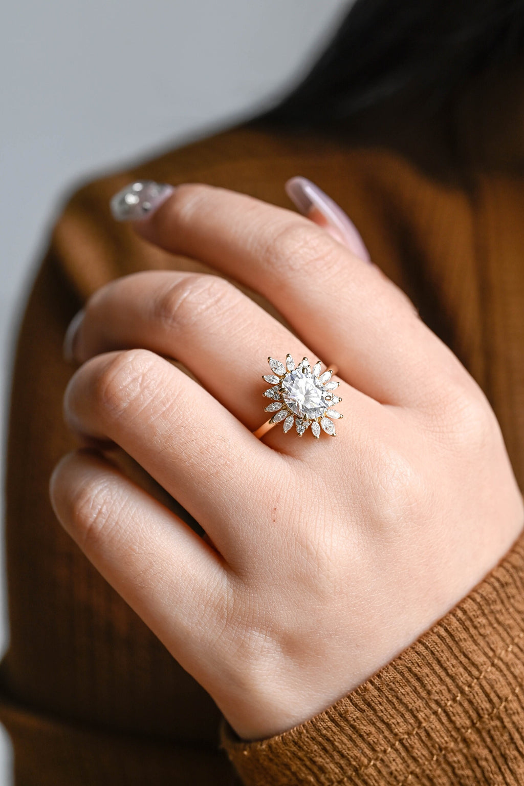 Solid Gold Oval Moissanite Engagement Ring, Floral Halo Proposal Ring