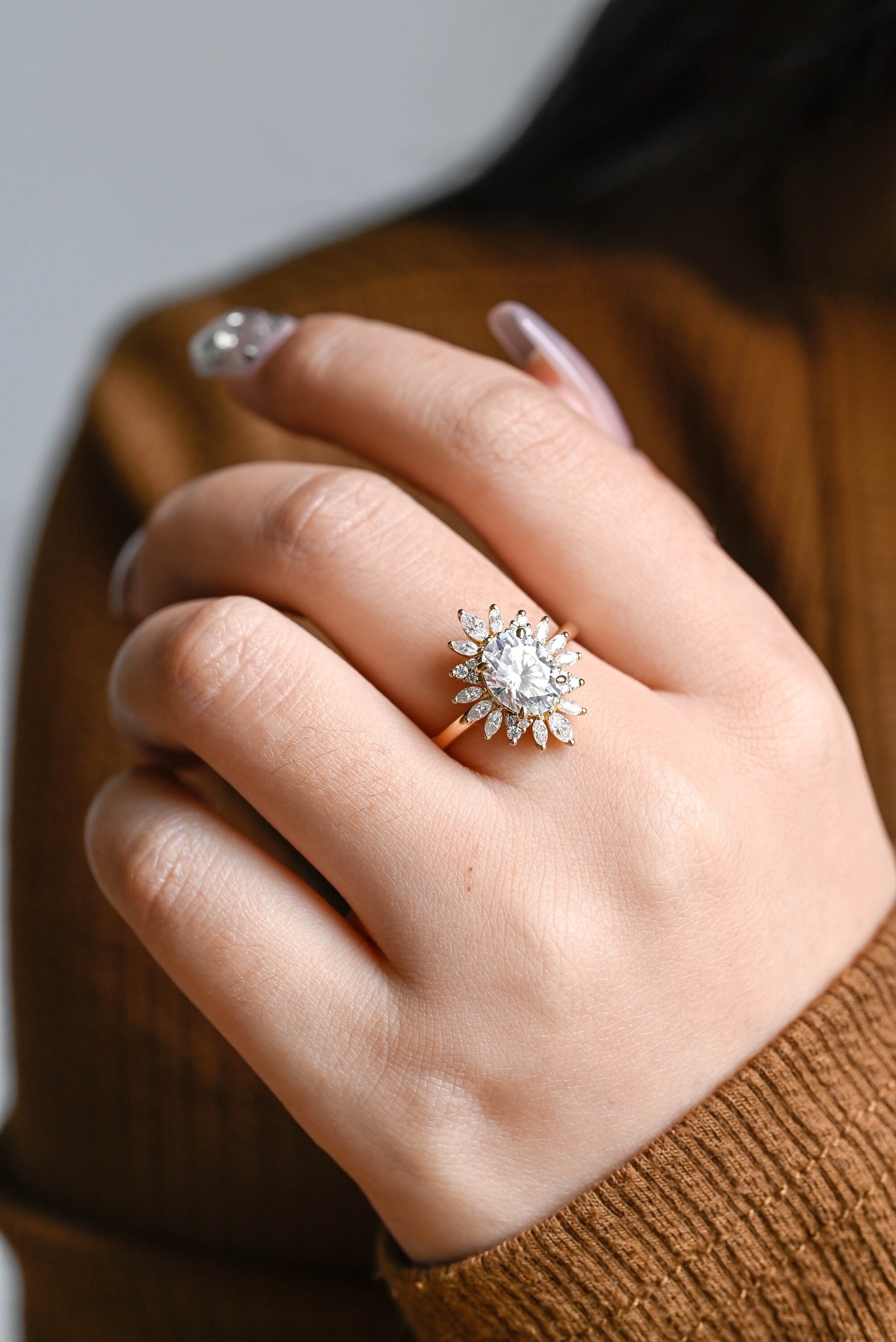 Solid Gold Oval Moissanite Engagement Ring, Floral Halo Proposal Ring