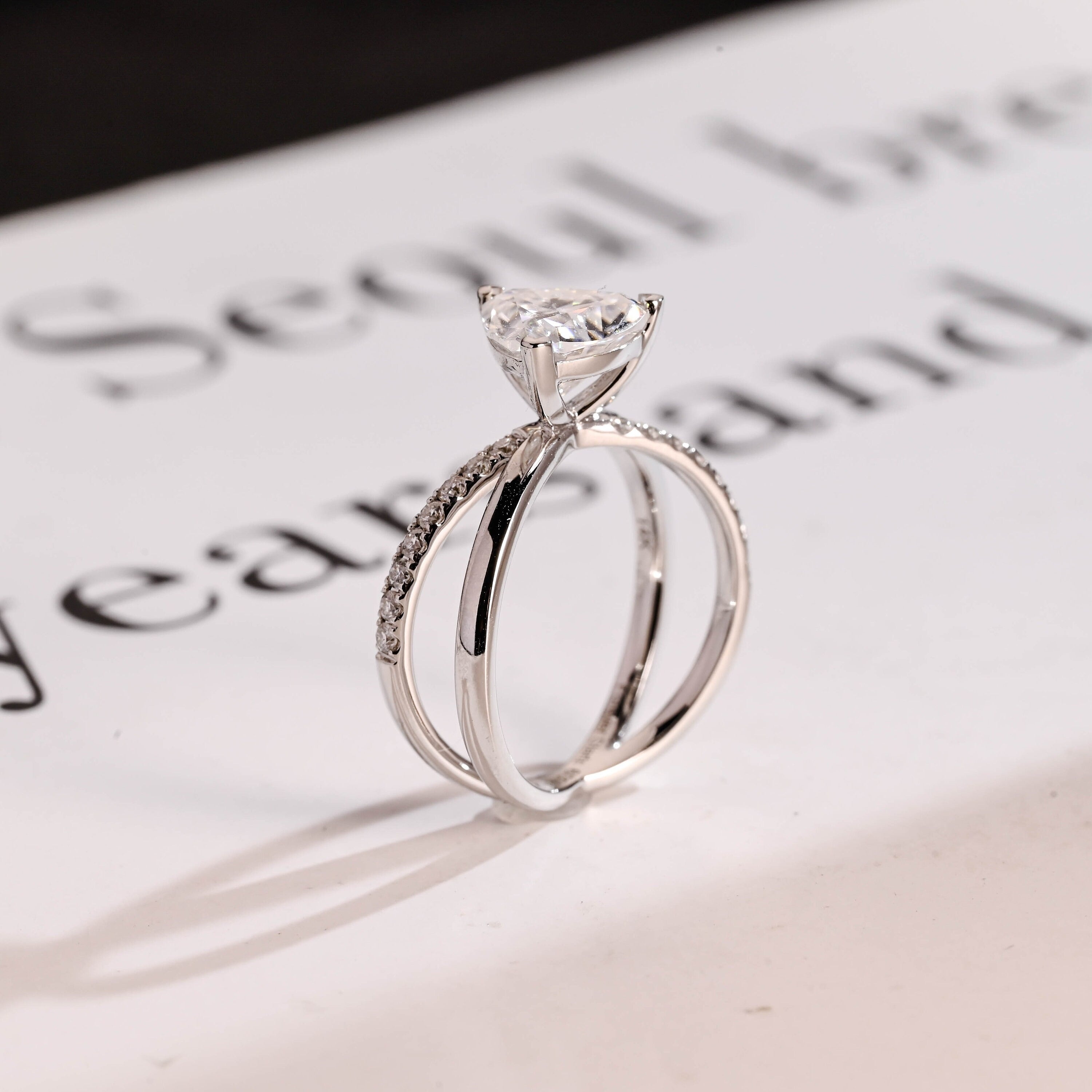Solid Gold Trillion Cut Moissanite Engagement Ring, Double Band Open Shank Twisted Ring