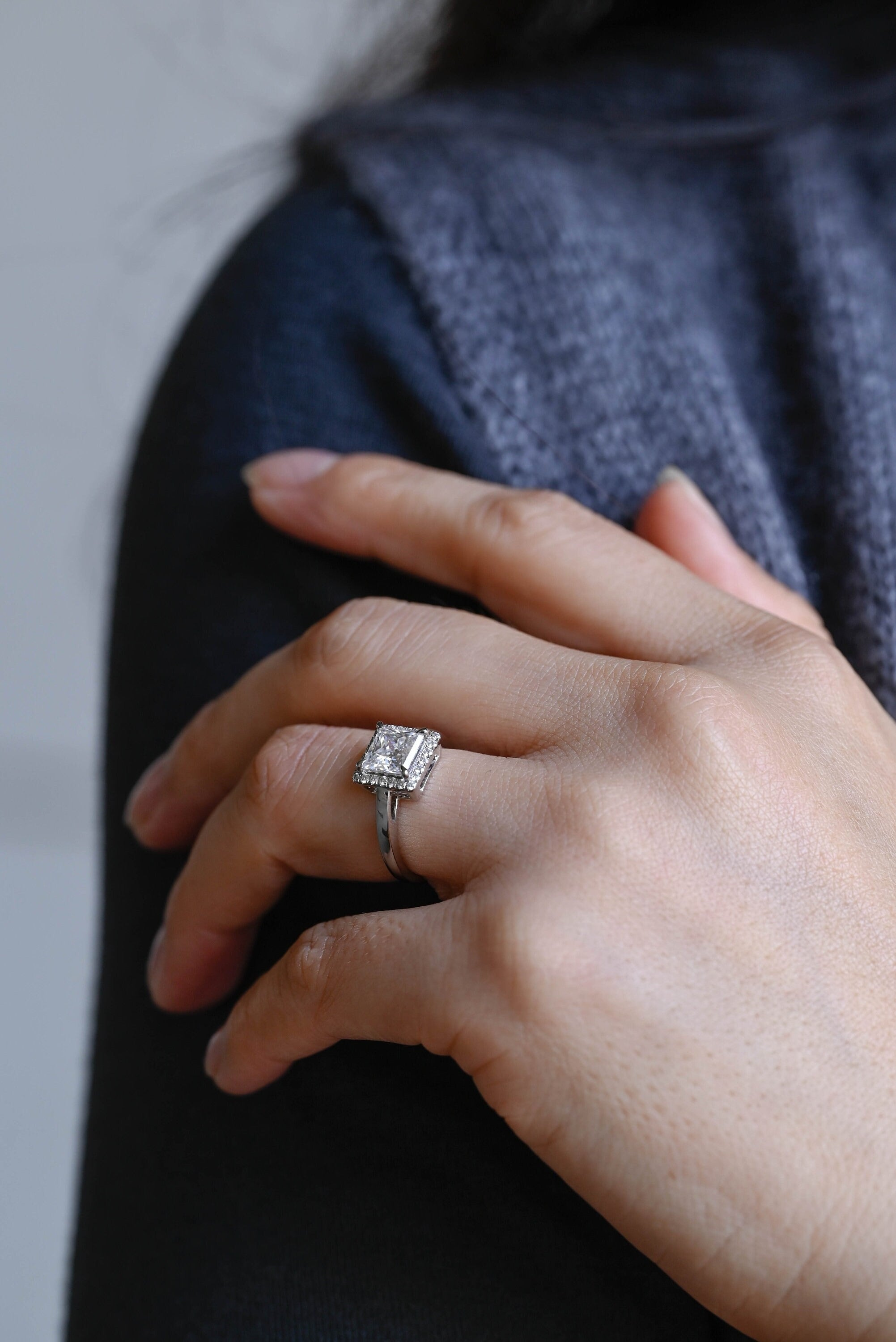 Solid Gold Princess Cut Moissanite Engagement Ring, Promise Ring
