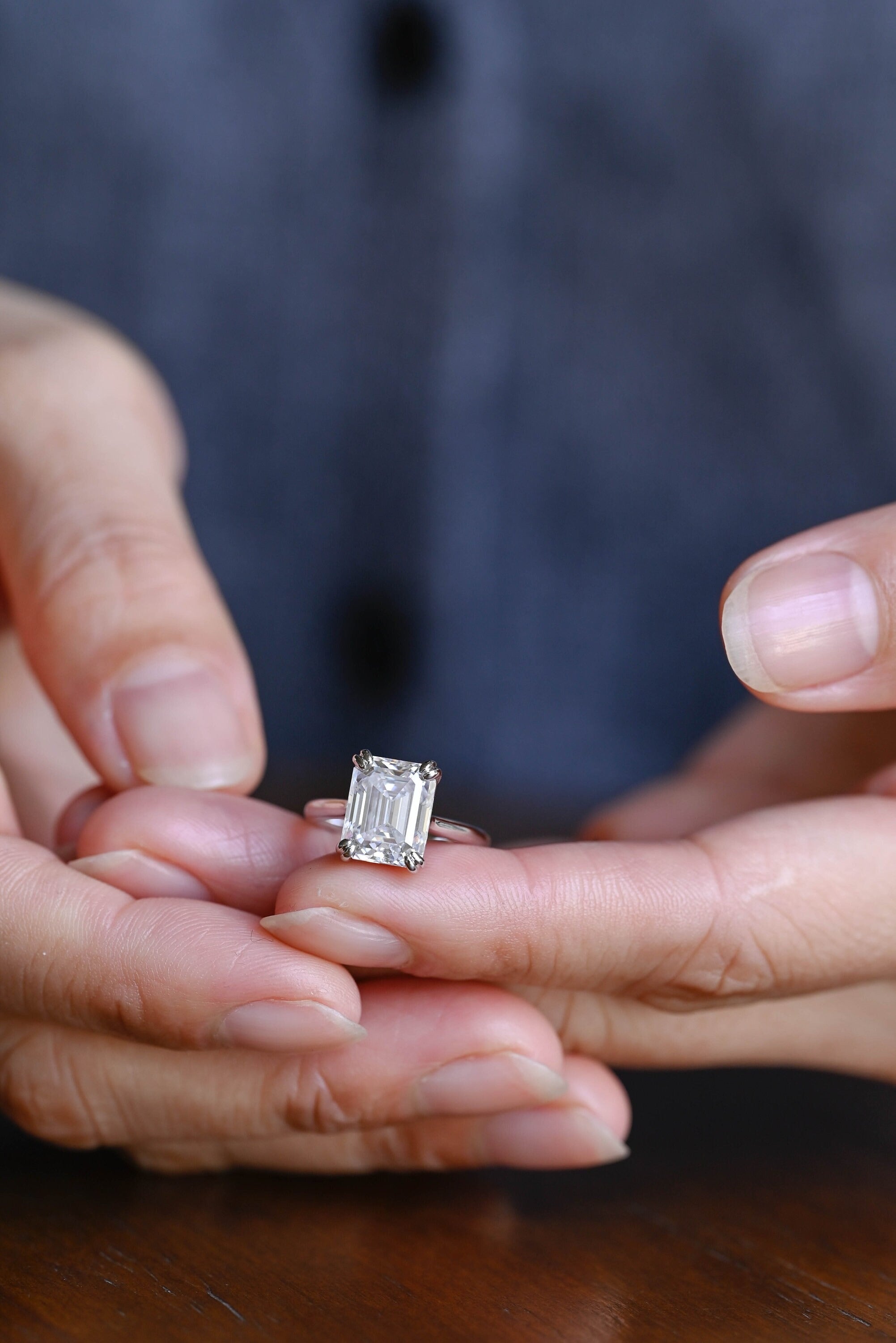 Solid Gold Double Claws Emerald Cut Moissanite Engagement Ring, Anniversary Gift