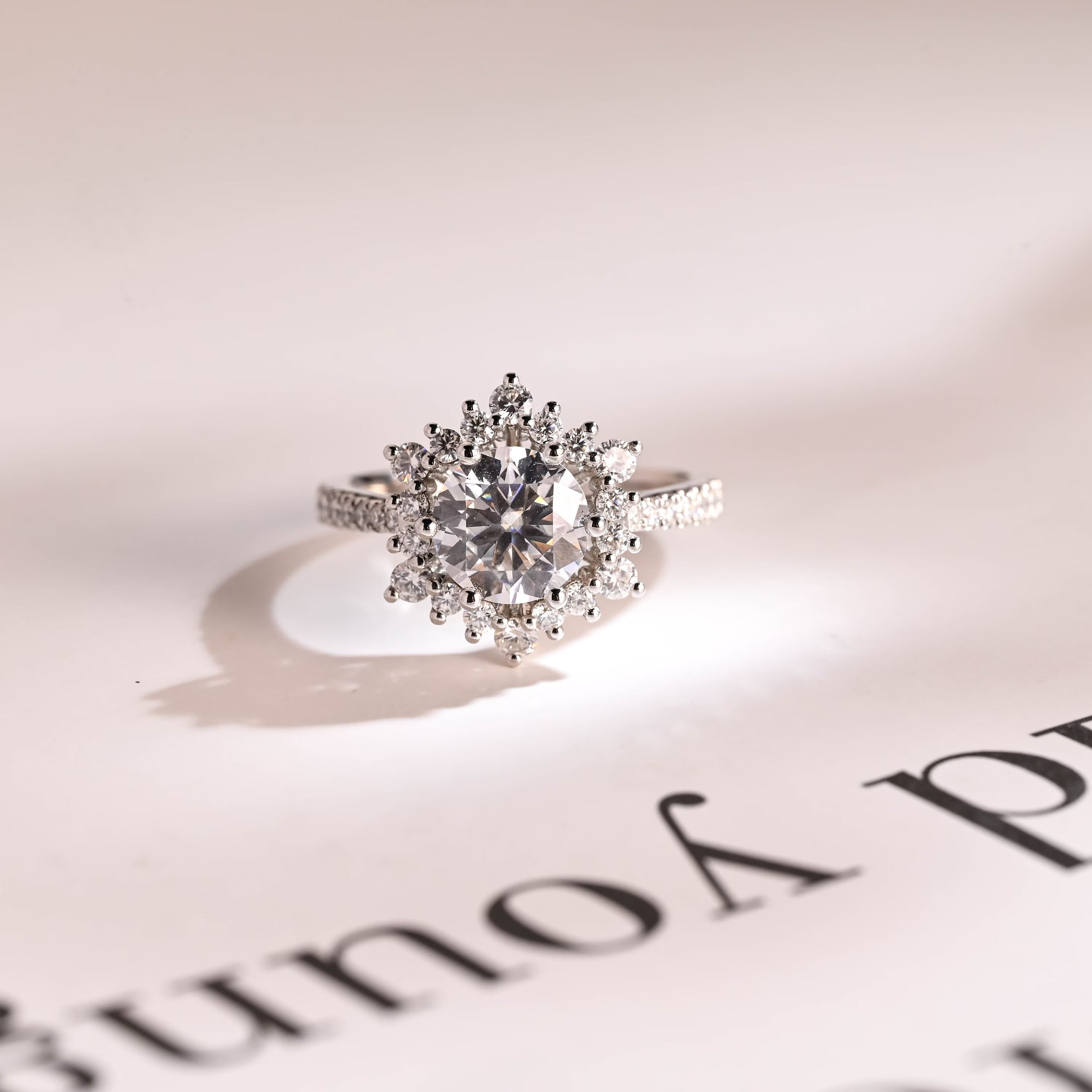Solid Gold Sunflower Round Moissanite Engagement Ring, Half Eternity Promise Ring Main image