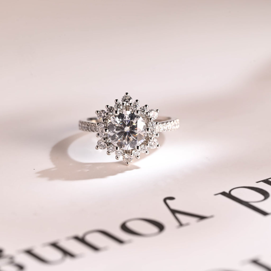 Solid Gold Sunflower Round Moissanite Engagement Ring, Half Eternity Promise Ring