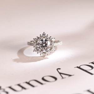 Solid Gold Sunflower Round Moissanite Engagement Ring, Half Eternity Promise Ring