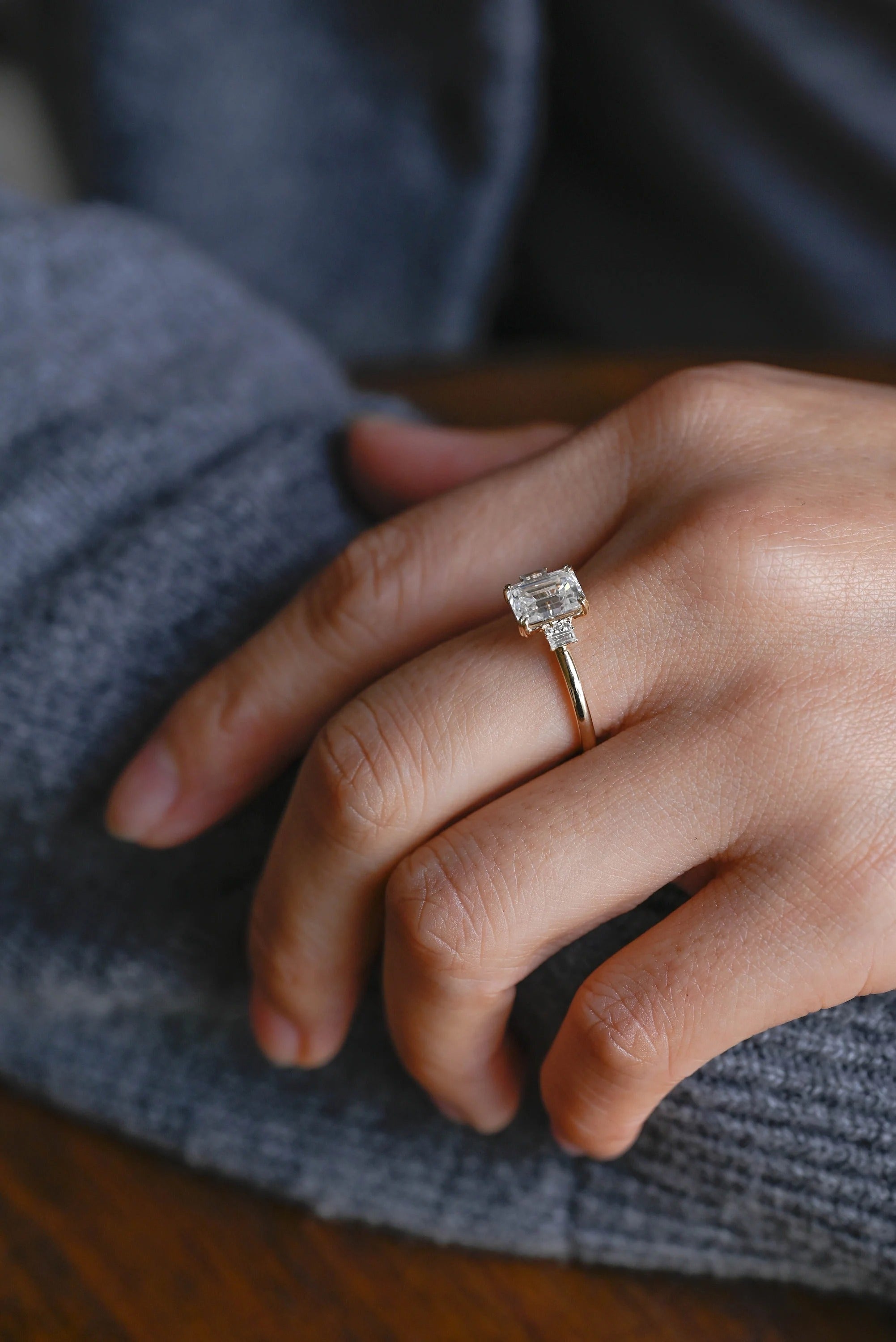 Solid Gold Emerald Cut Moissanite Engagement Ring, Dainty Cluster Promise Ring