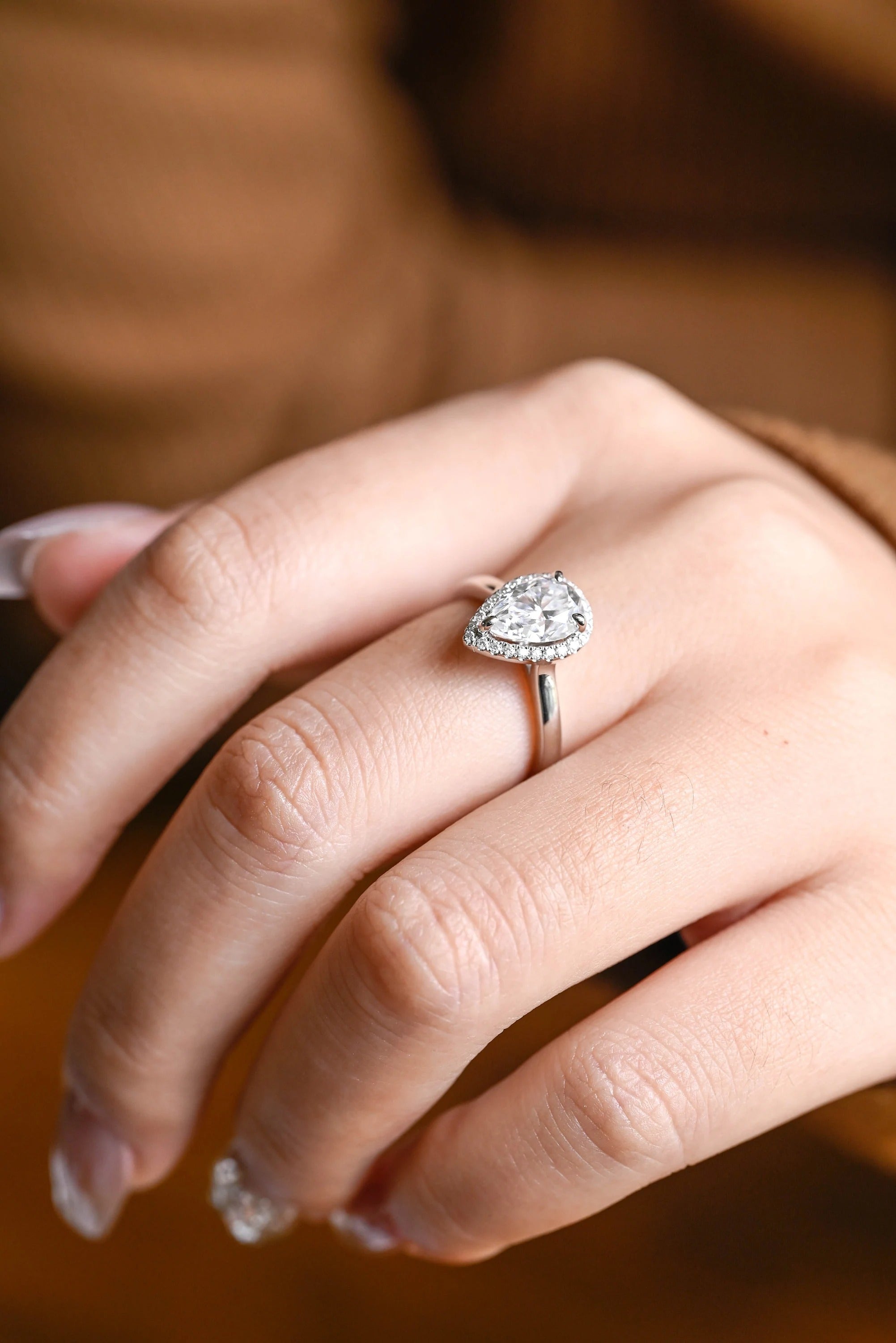 Solid Gold Pear Moissanite Engagement Ring, Flower Halo Promise Ring for Her