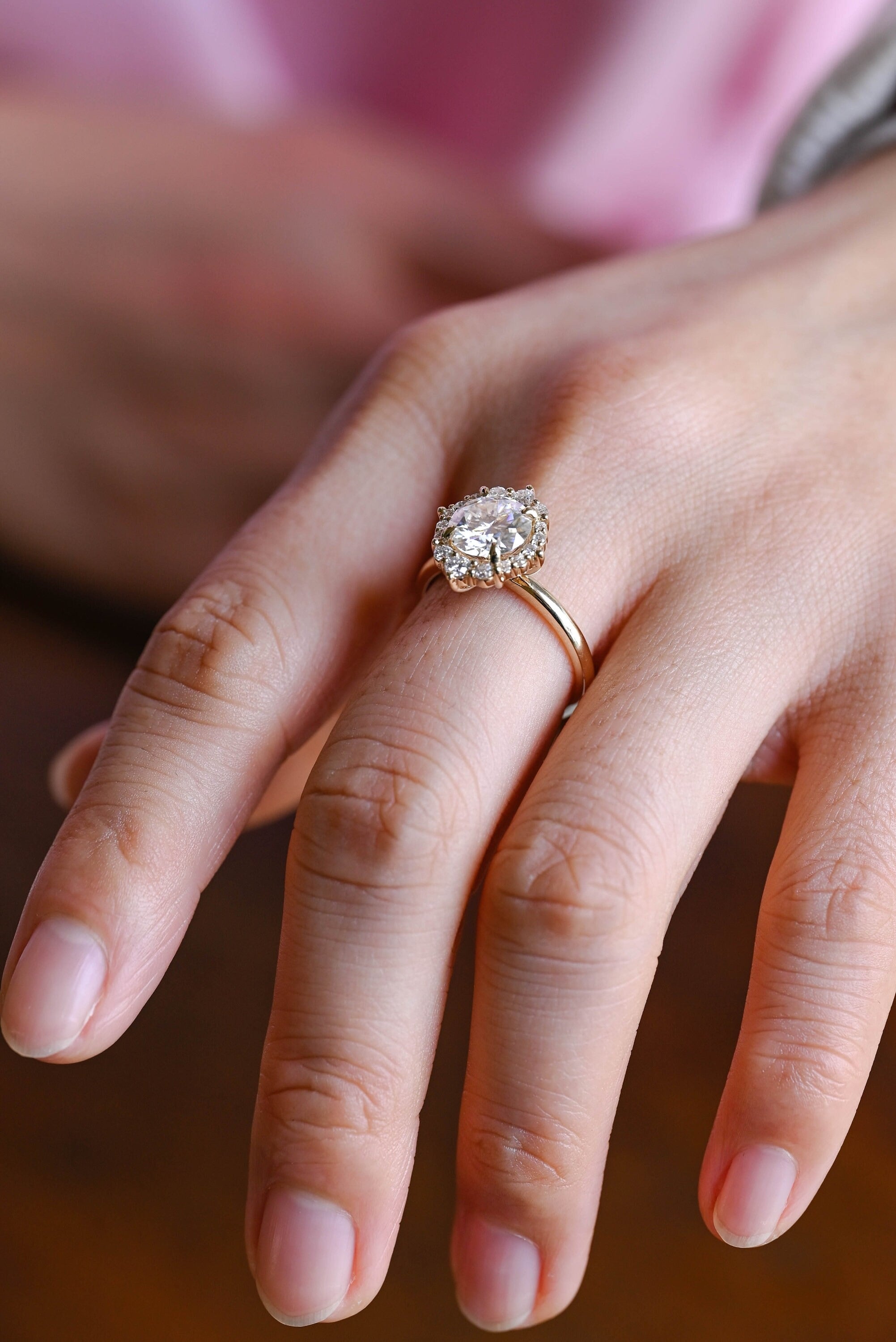 Solid Gold Sunflower Round Moissanite Engagement Ring, Dainty Promise Ring