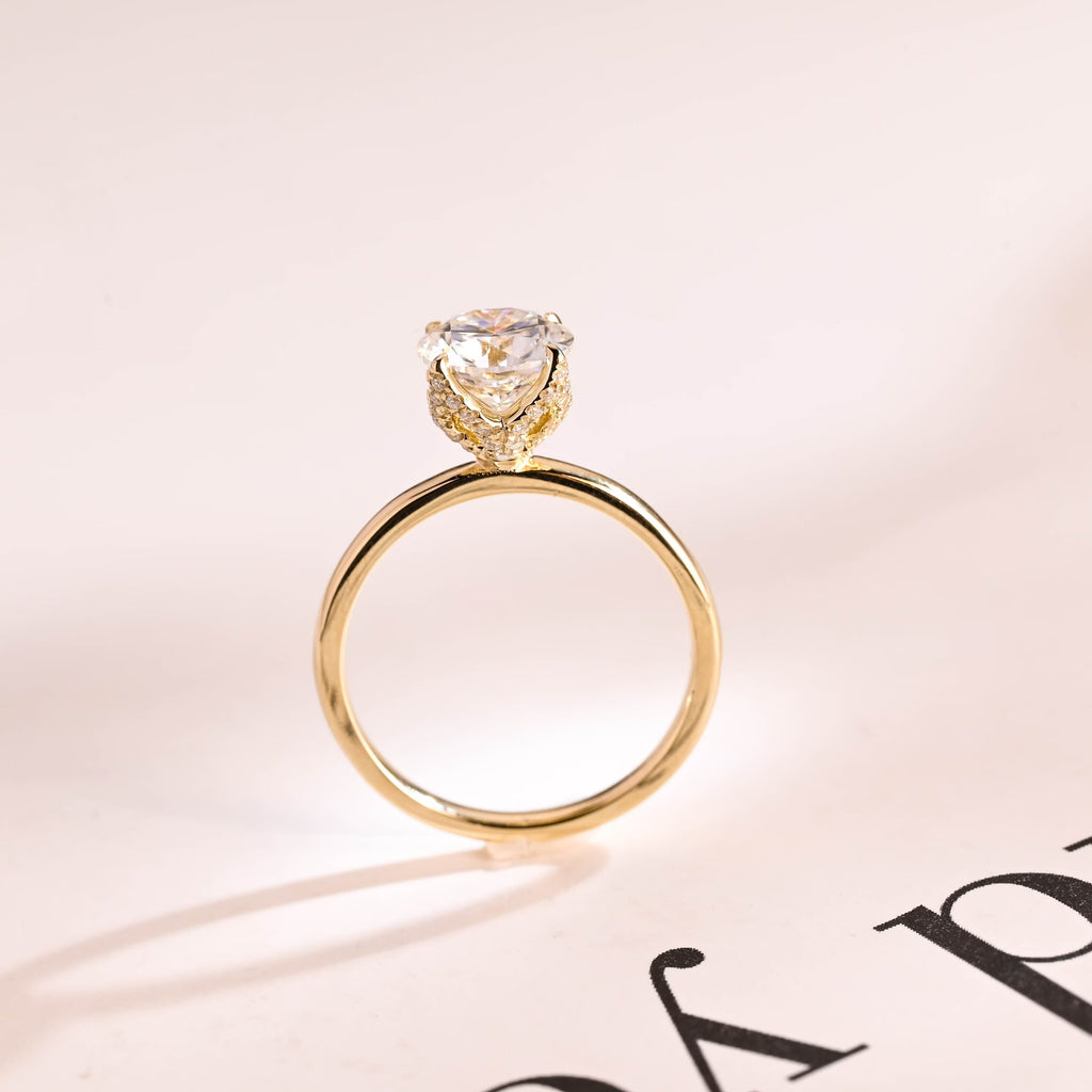 Solid Gold Tulip Floral Hidden Halo Round Moissanite Engagement Ring, Anniversary Gift for Her