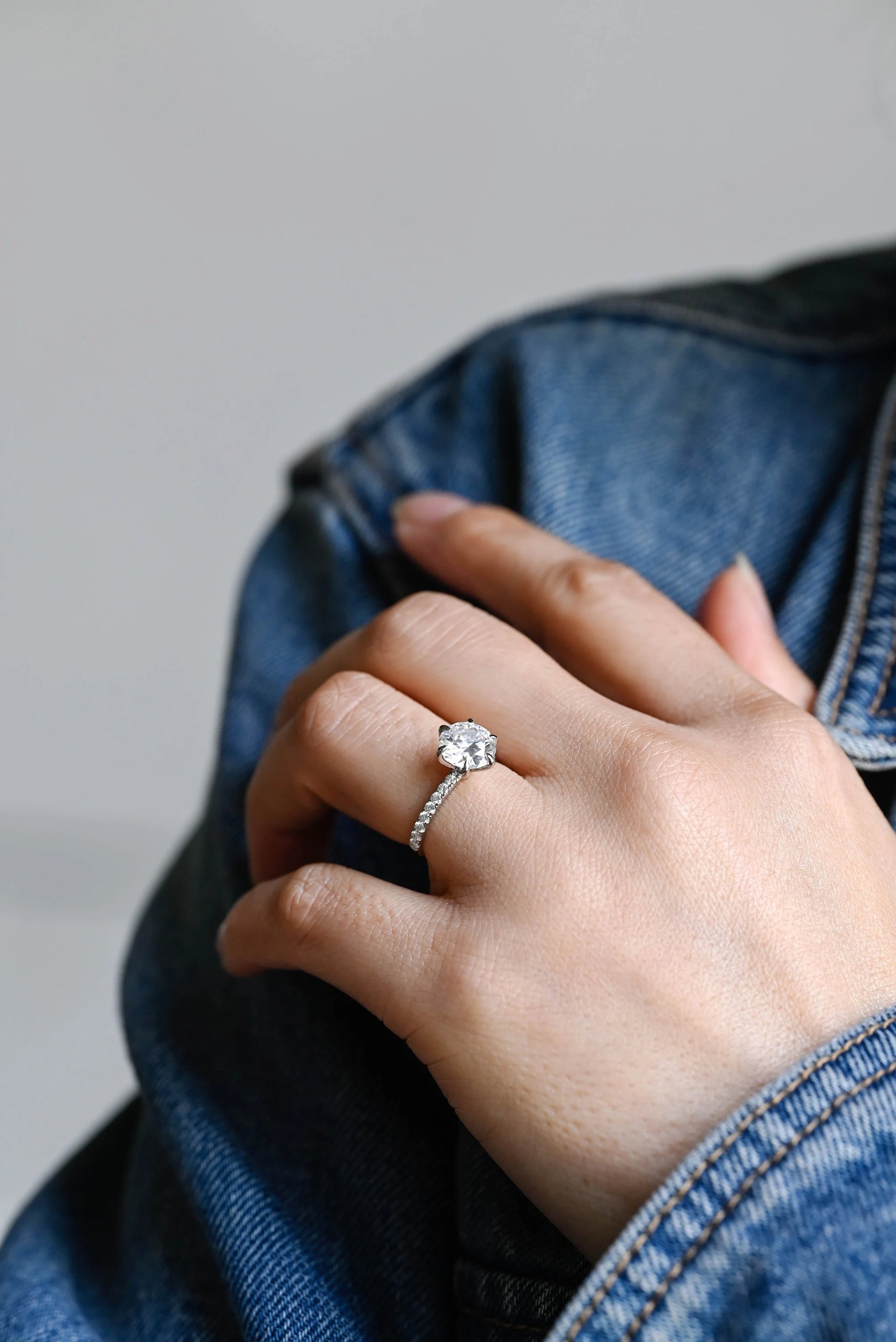 Solid Gold Half Eternity Round Moissanite Engagement Ring, Anniversary Gift for Wife