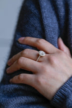 Solid Gold Floral Halo Oval Moissanite Engagement Ring, Half Eternity Proposal Ring