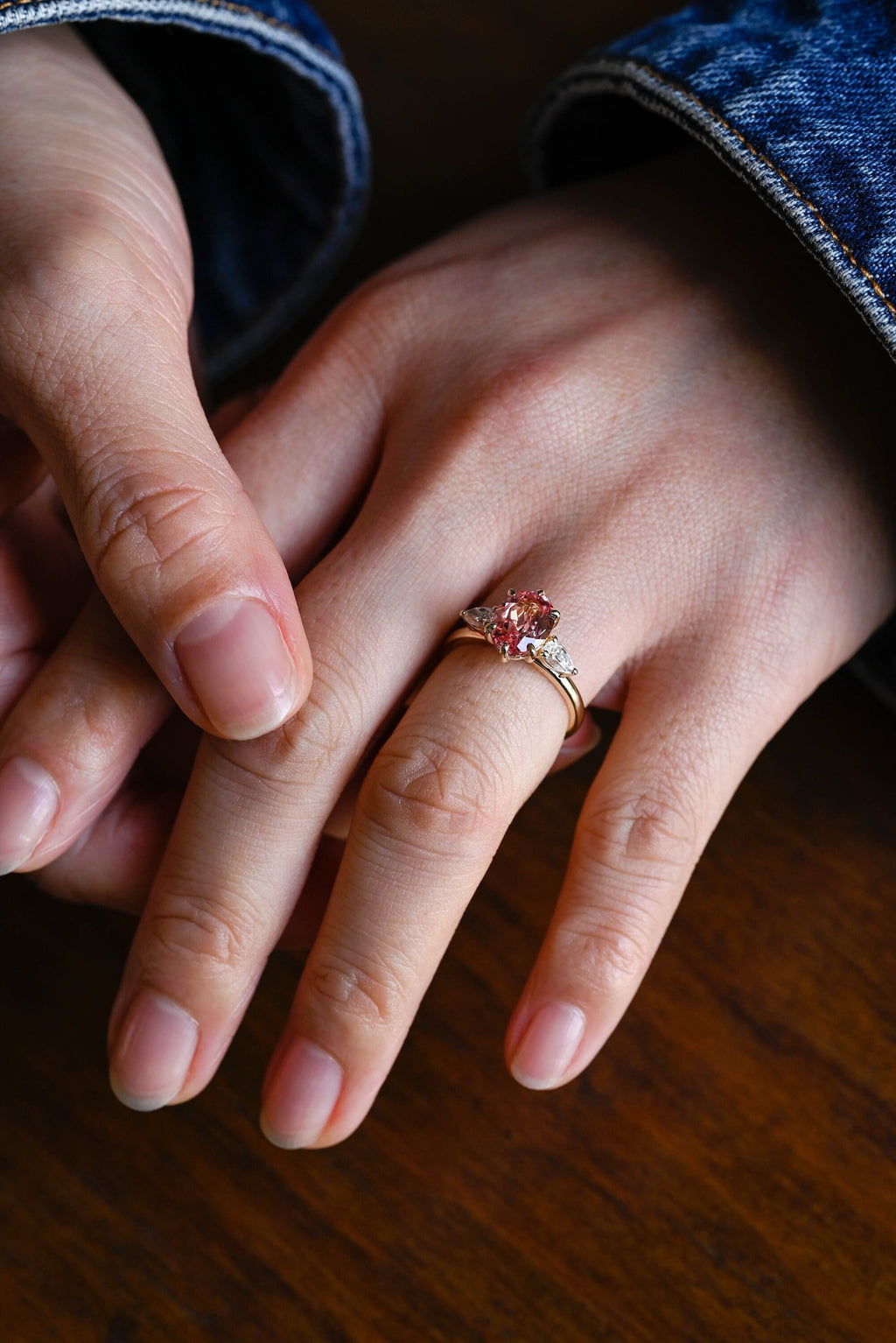 Solid Gold Oval Cut Moissanite Pink Sapphire Engagement Ring with Pear Moissanite