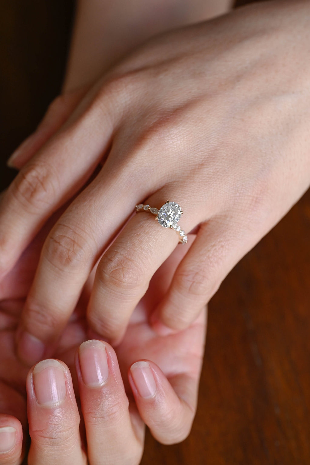 Solid Gold Oval Moissanite Engagement Ring, Hidden Halo Proposal Ring