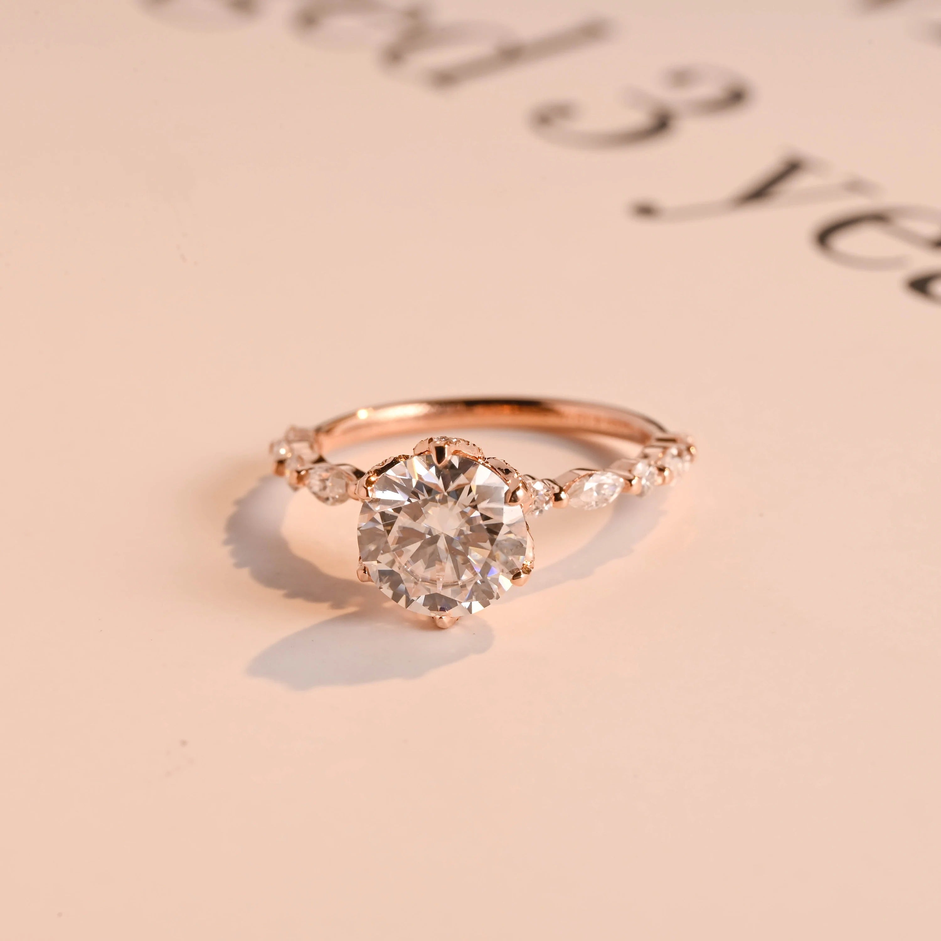 Solid Gold Floral Pave Round Moissanite Engagement Ring, Anniversary Gift for Her Main image