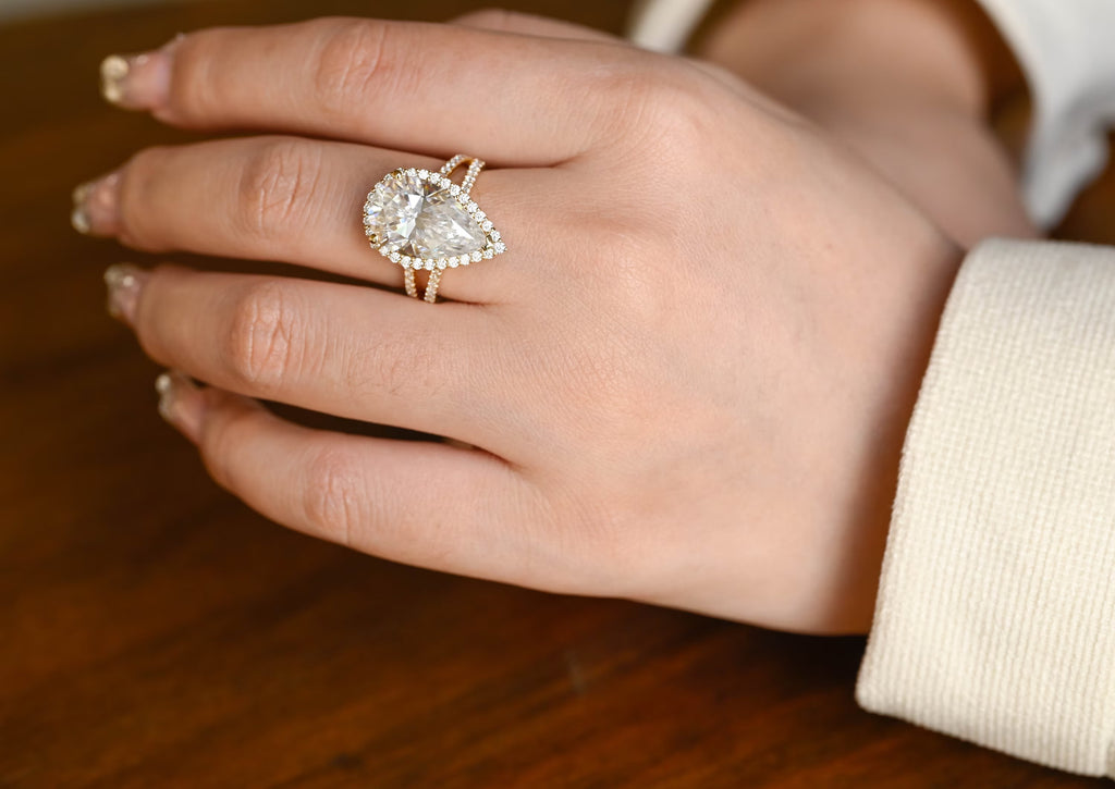 Solid Gold Pear Moissanite Engagement Ring, Double Band Split Shank Halo & Half Eternity Proposal Ring