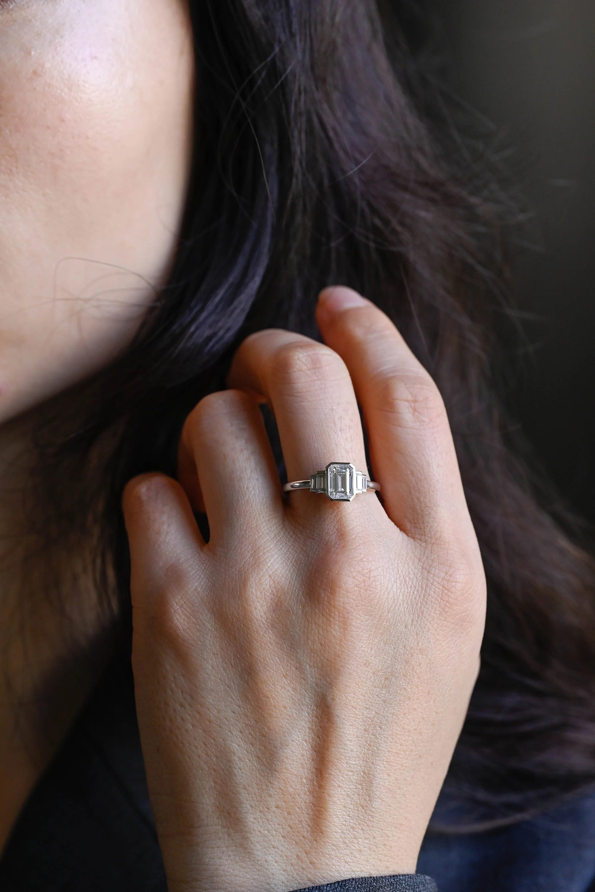 Solid Gold Emerald & Baguette Cut Moissanite Engagement Ring, Minimalist Cluster Bezel Ring