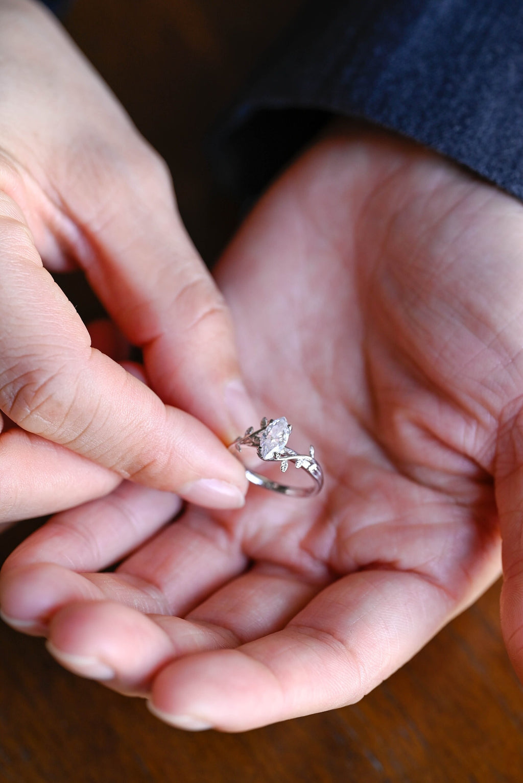 Solid Gold Leaf Ring, Marquise Moissanite Engagement Ring, Proposal Ring