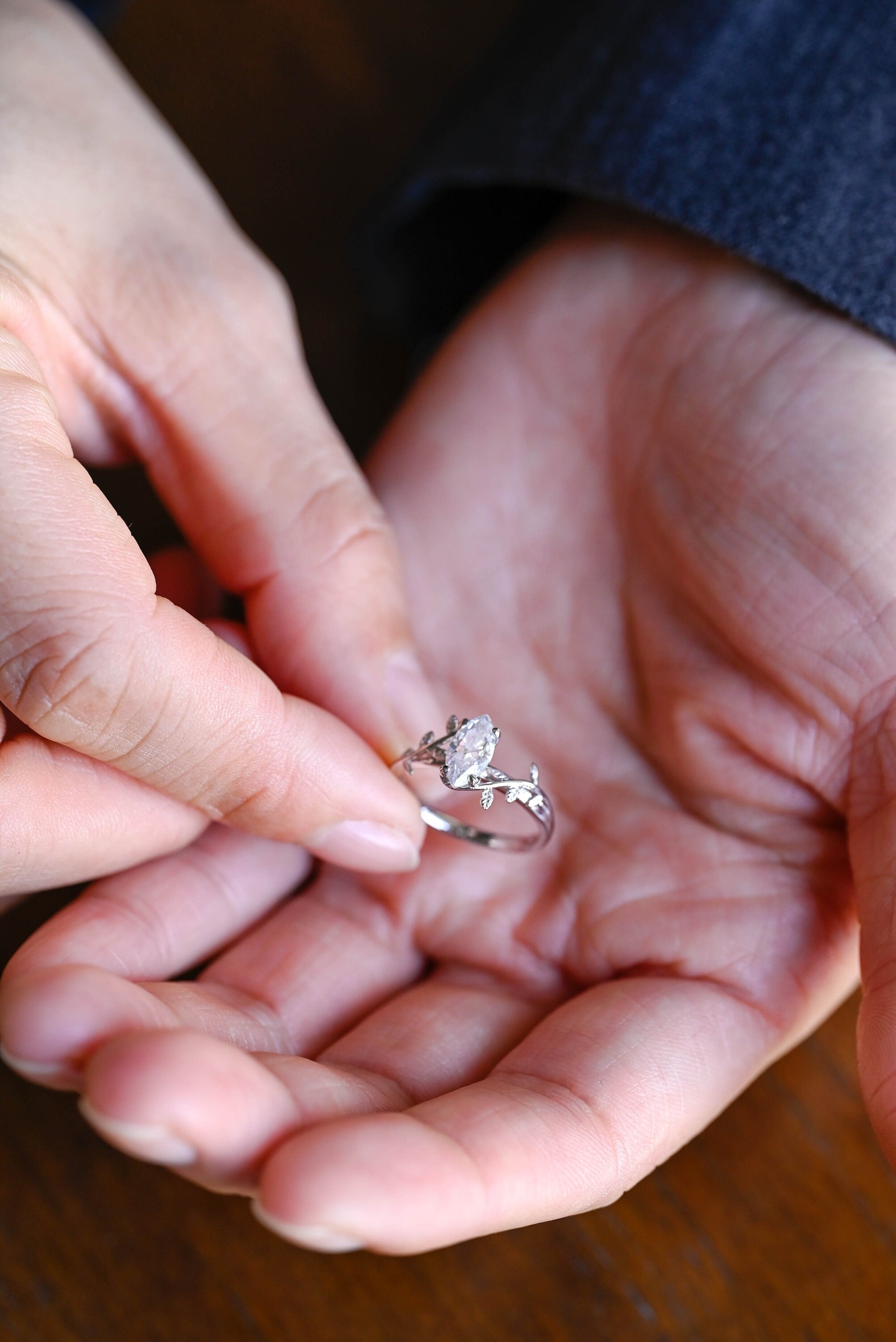 Solid Gold Leaf Ring, Marquise Moissanite Engagement Ring, Proposal Ring