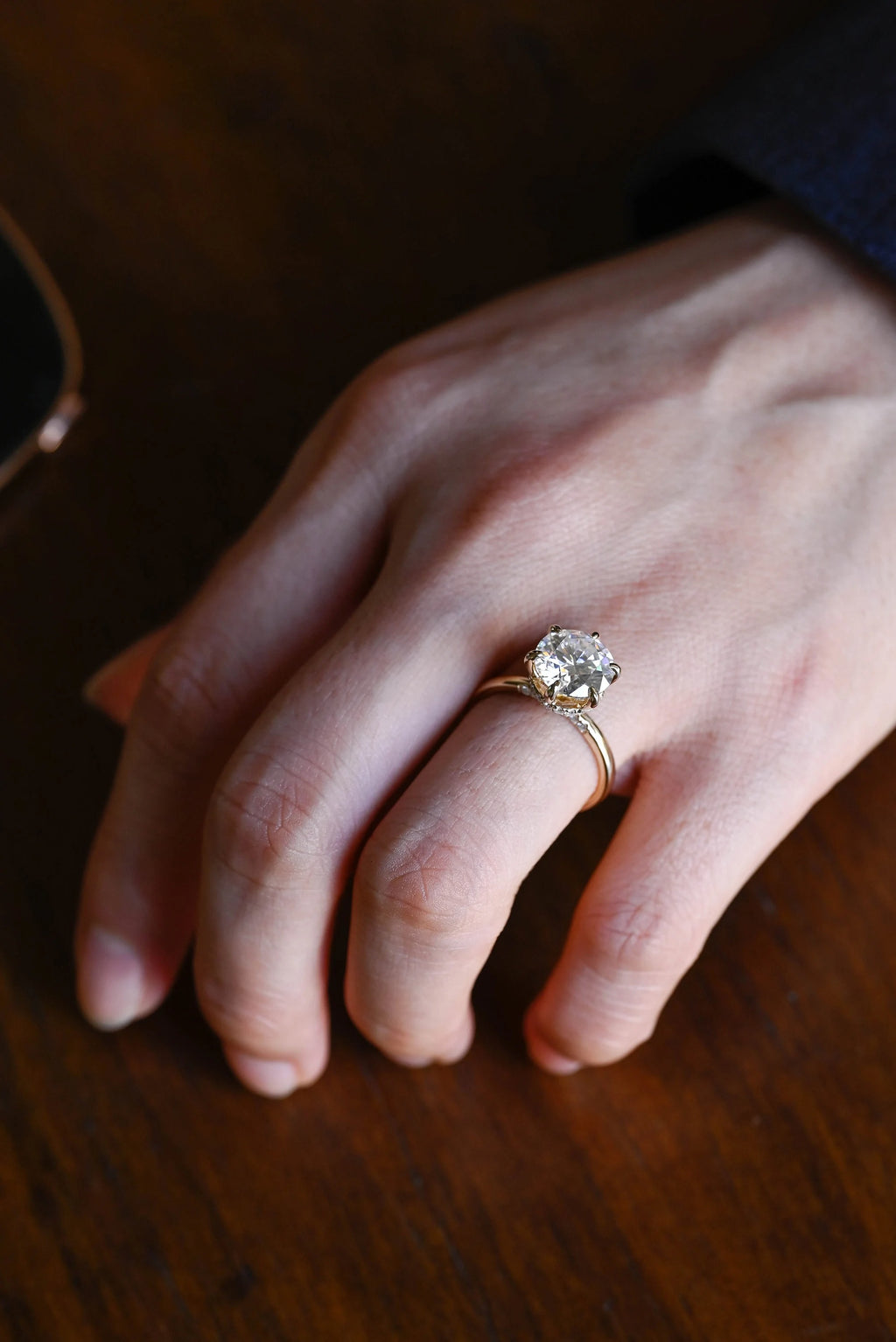 Solid Gold Hidden Halo Round Moissanite Engagement Ring, Anniversary Gift