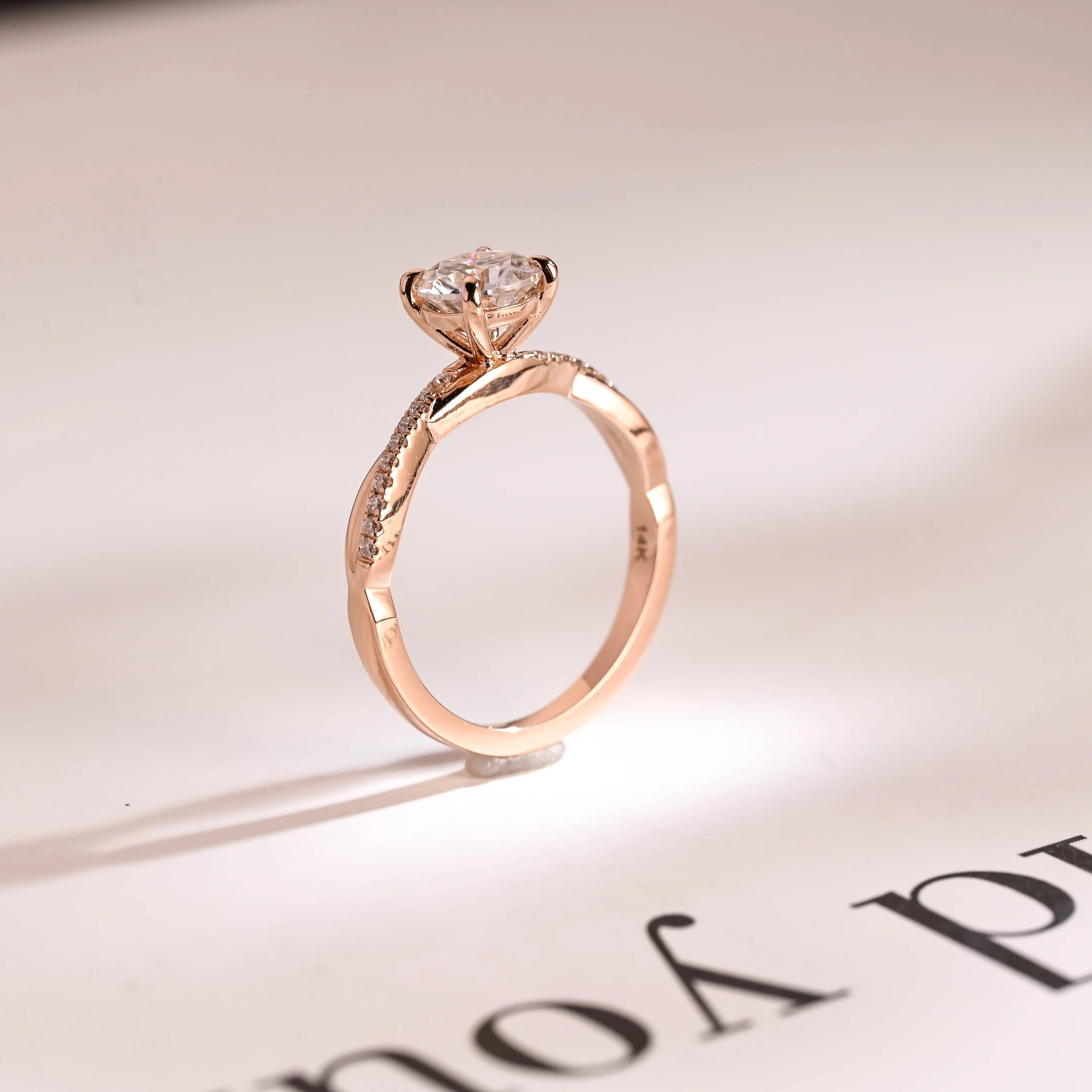 Solid Gold Round Moissanite Engagement Ring, Twisted Band Half Pave Anniversary Ring Secondary image