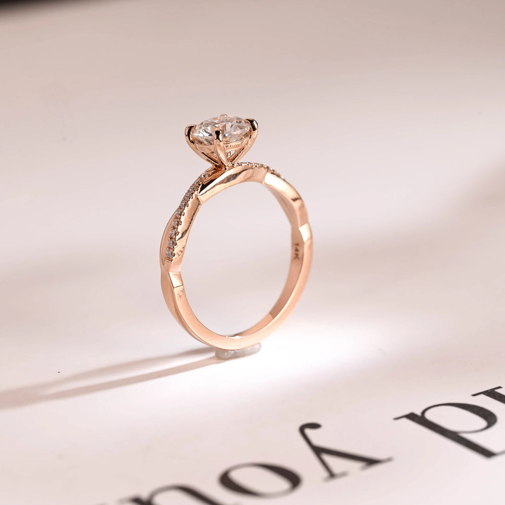 Solid Gold Round Moissanite Engagement Ring, Twisted Band Half Pave Anniversary Ring