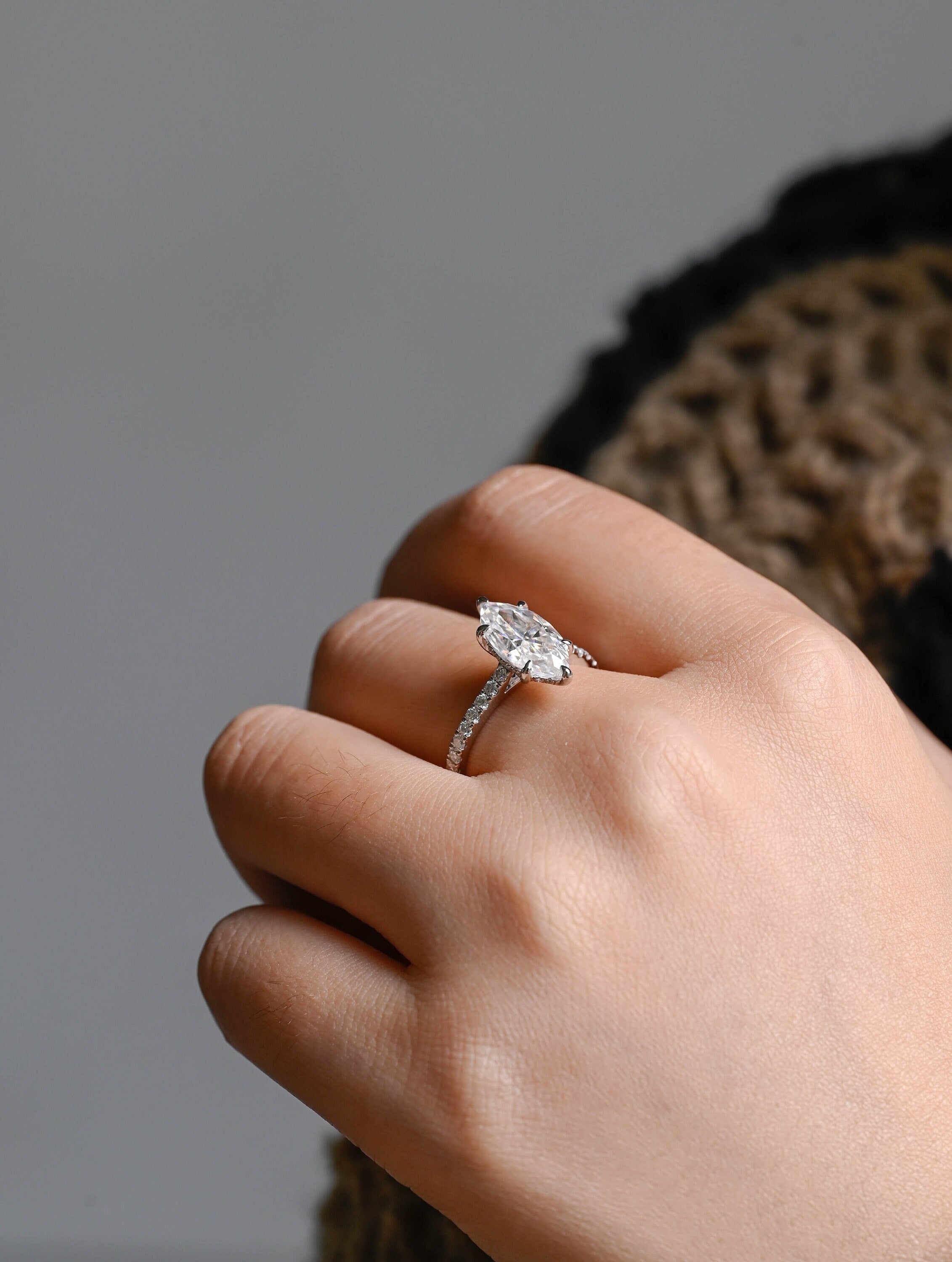 Solid Gold Marquise Cut Moissanite Engagement Ring with Hidden Halo
