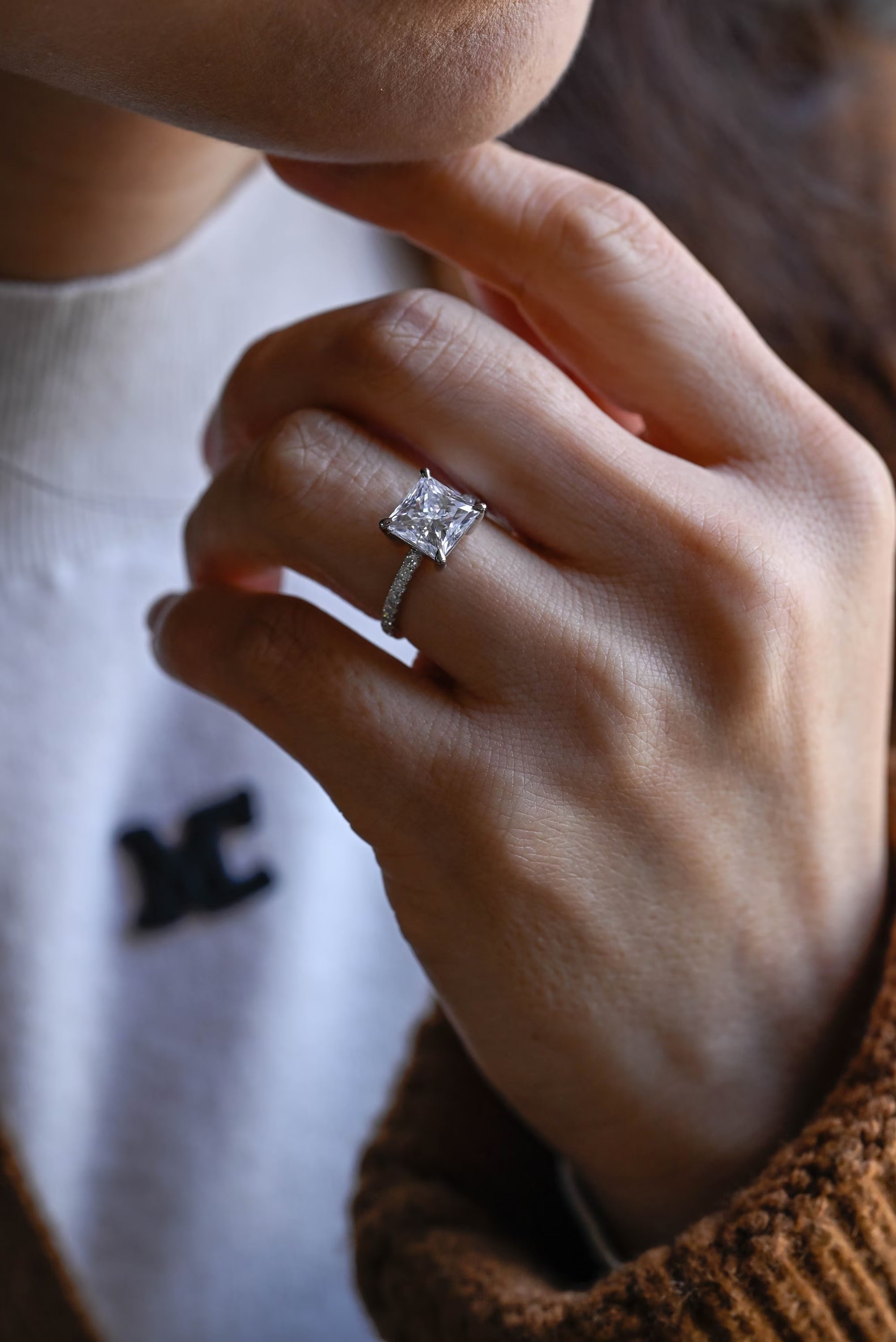 Solid Gold Half Eternity Princess Cut Moissanite Engagement Ring, Promise Ring