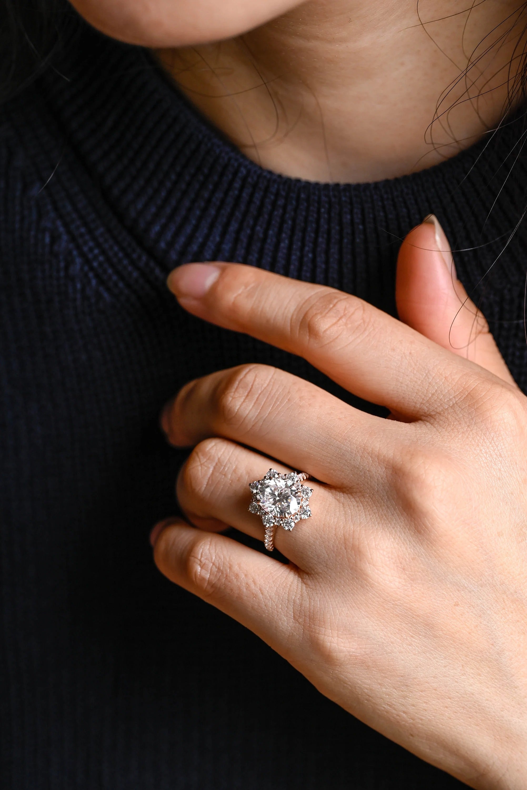 Solid Gold Floral Halo Oval Moissanite Half Eternity Engagement Ring