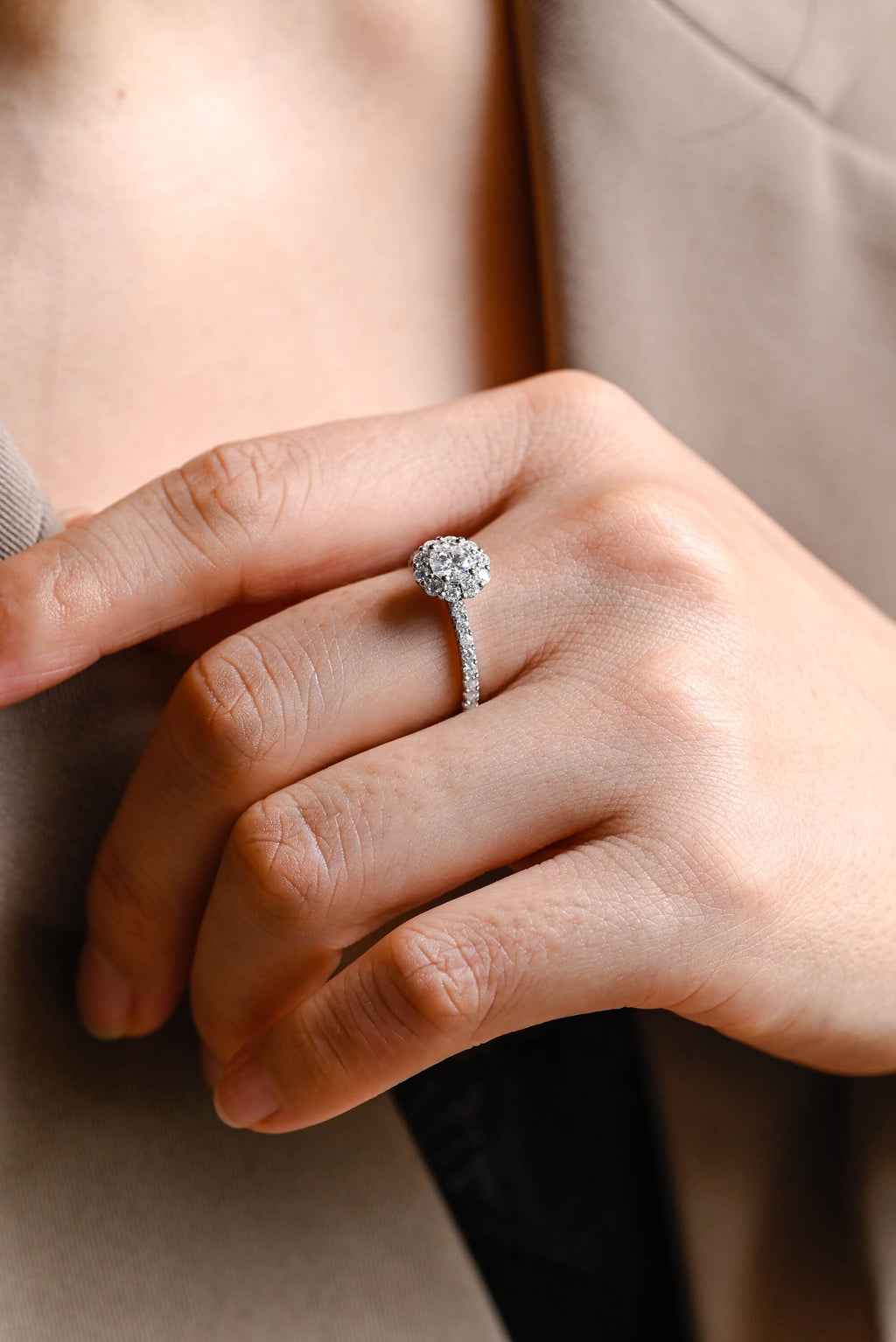 Solid Gold Sunflower Round Moissanite Engagement Ring, Half Eternity Promise Ring
