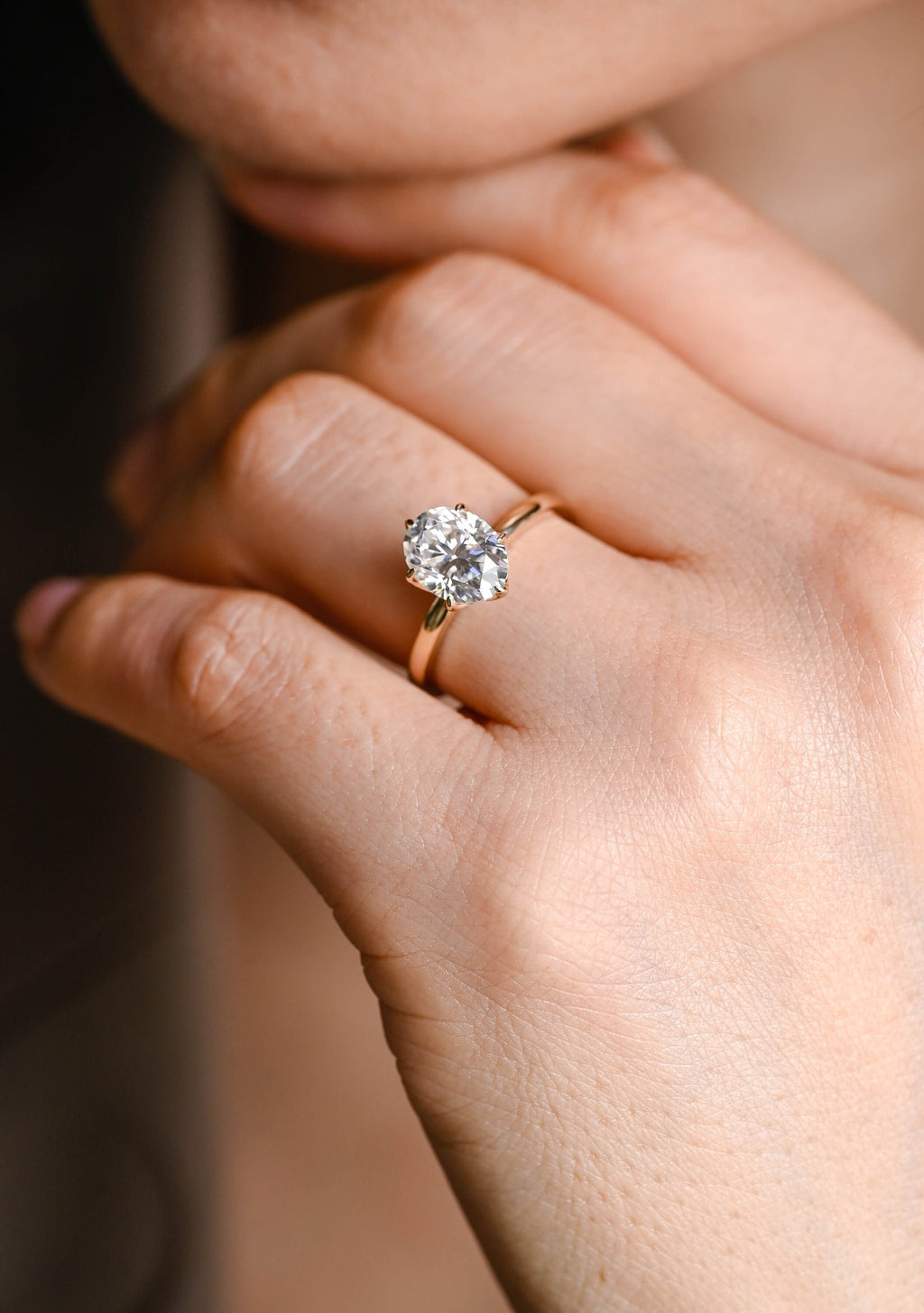 Solid Gold Minimalist Flower Oval Moissanite Engagement Ring, Promise Ring
