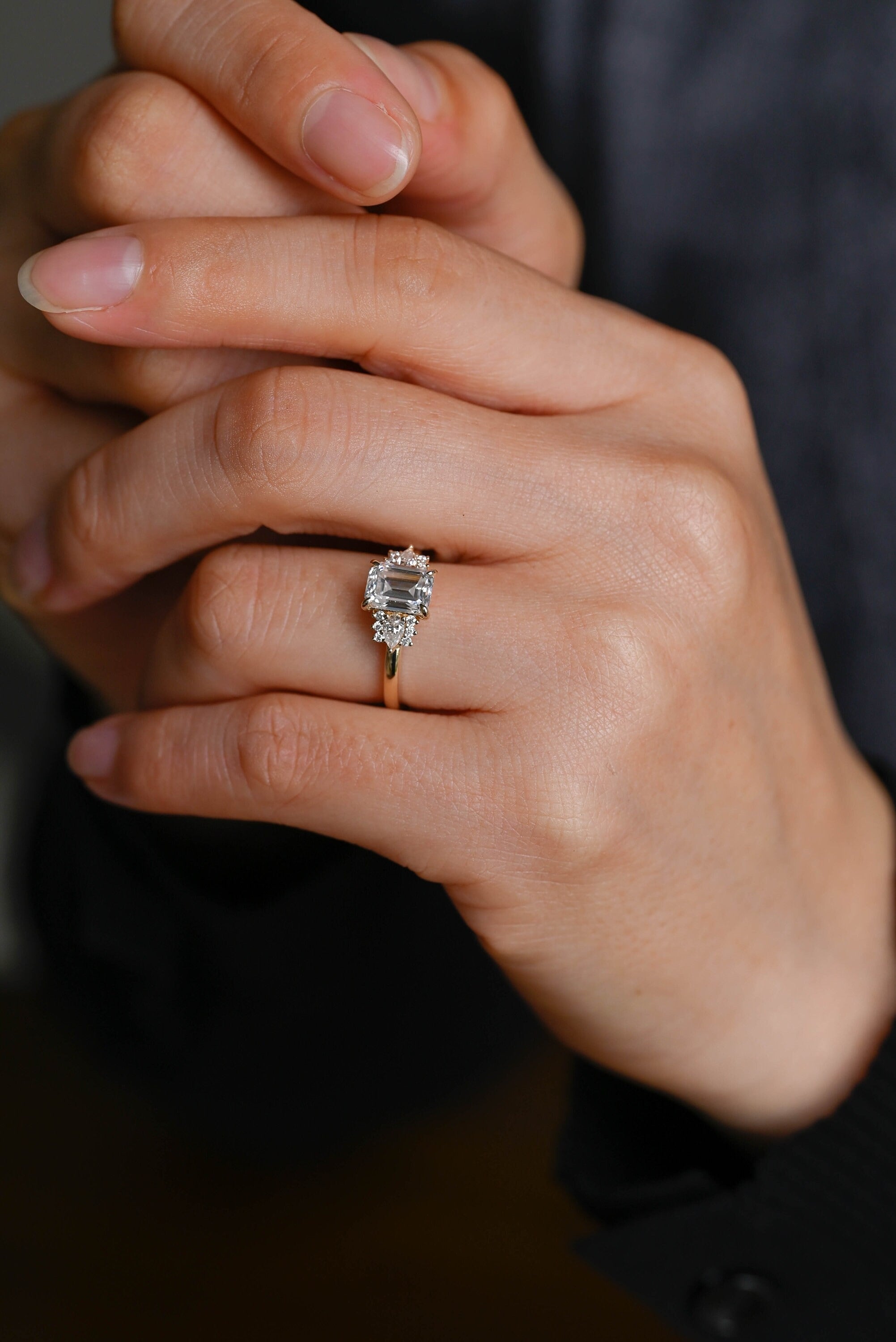 Solid Gold Emerald Cut Moissanite Engagement Ring With Trapezoid, Dainty Cluster Promise Ring