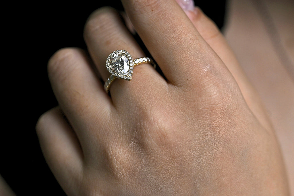 Solid Gold Pear Moissanite Engagement Ring, Half Eternity & Halo Promise/Proposal Ring