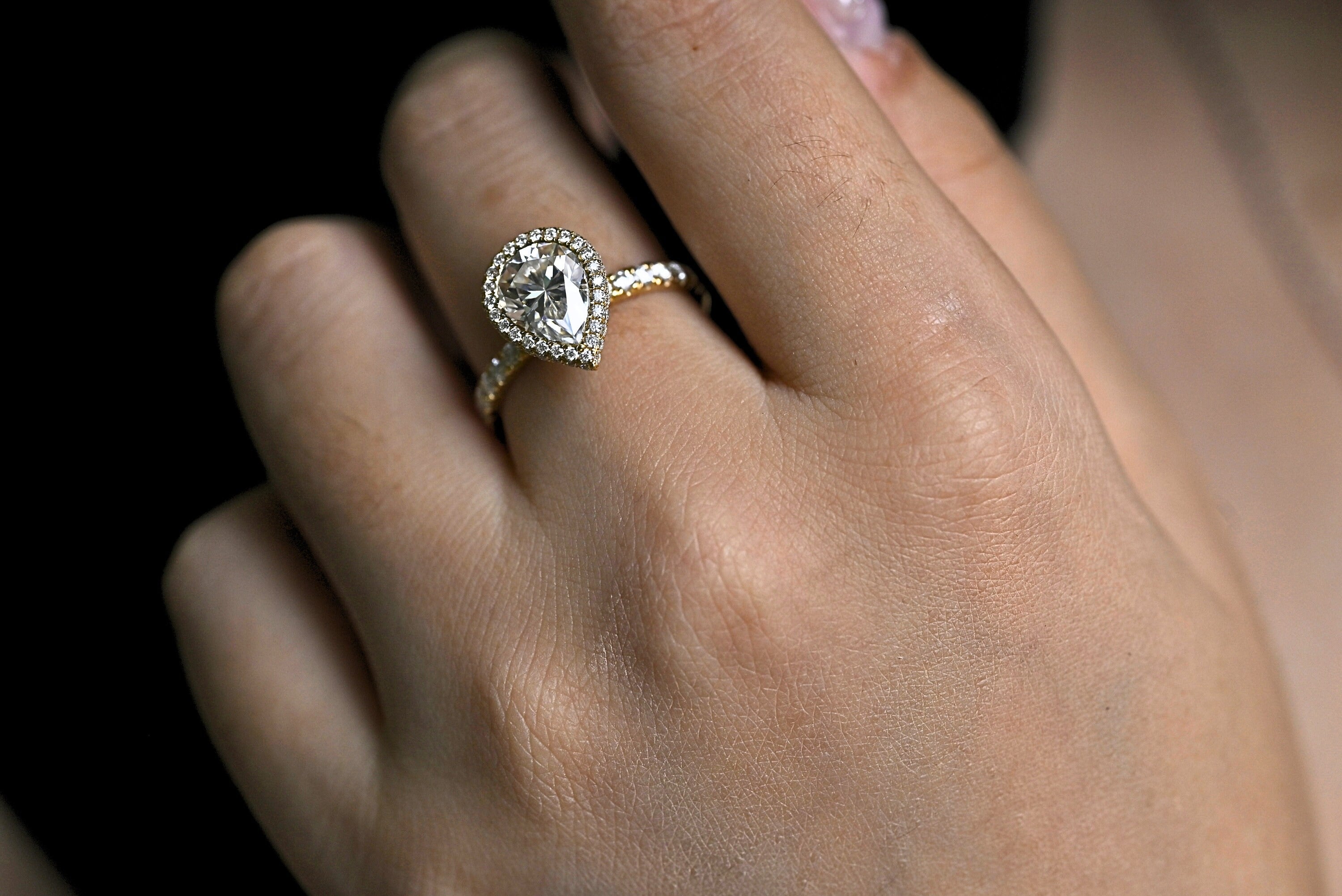 Solid Gold Pear Moissanite Engagement Ring, Half Eternity & Halo Promise/Proposal Ring