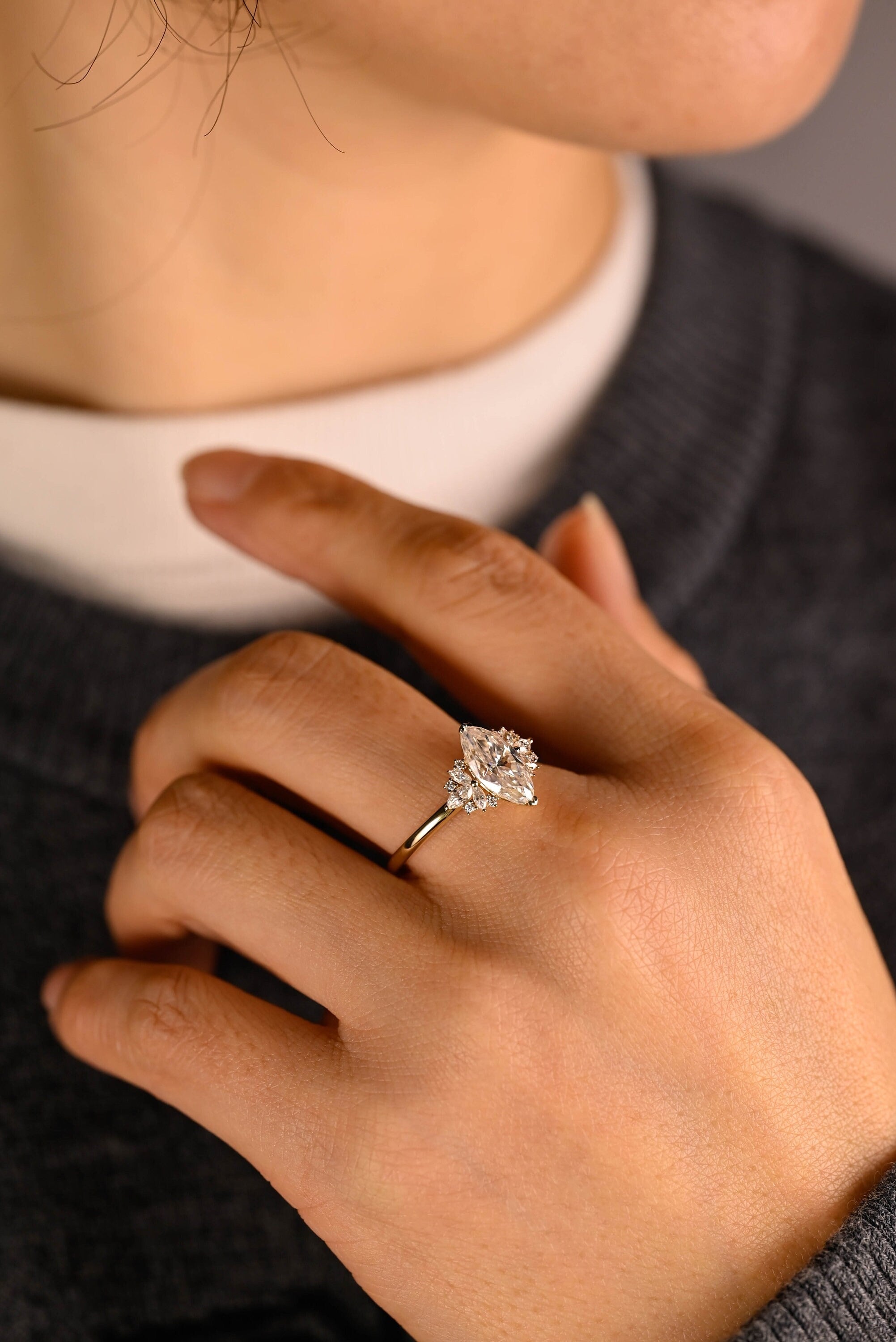 Solid Gold Marquise Moissanite Engagement Ring with Accent Stones