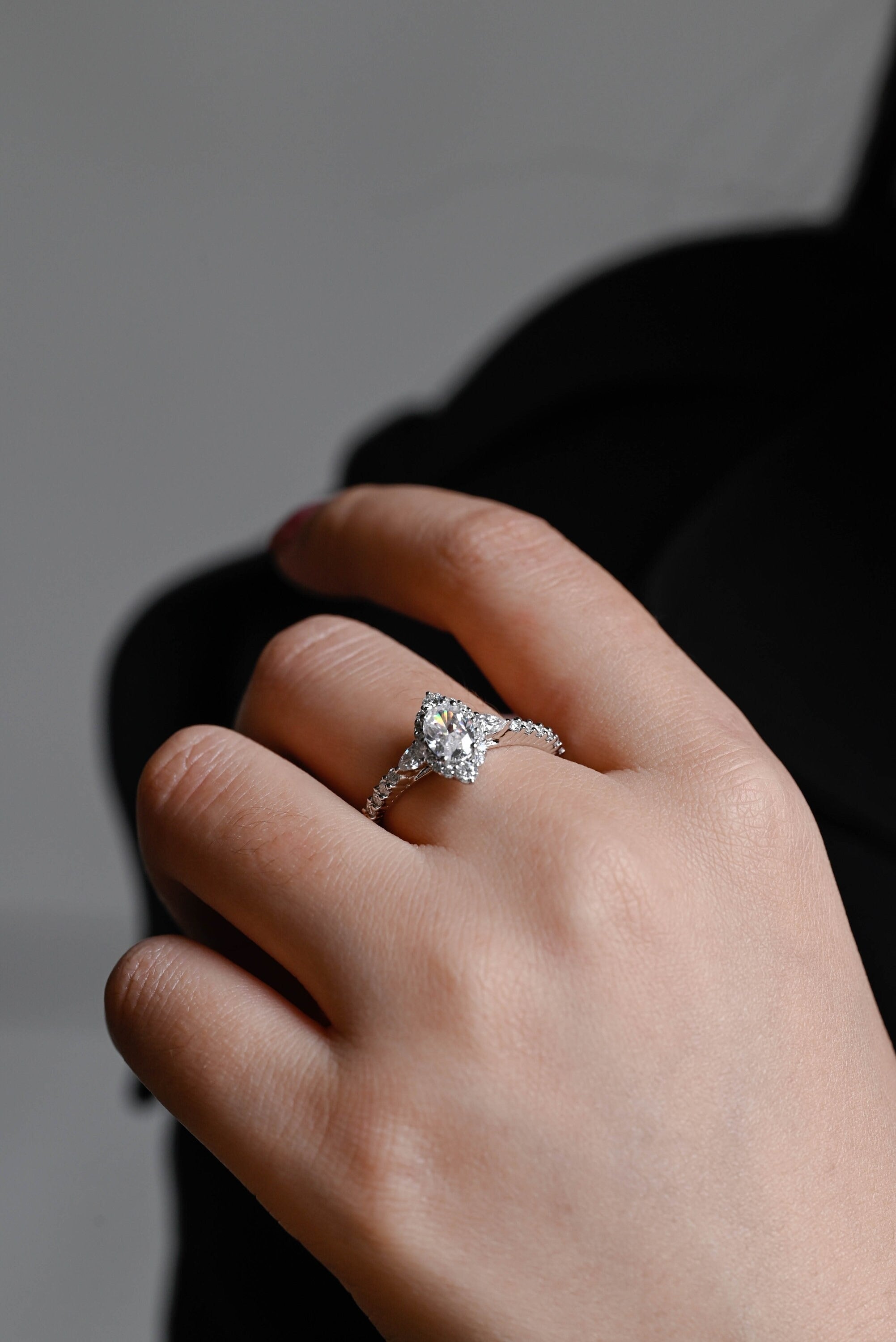 Solid Gold Halo Crushed Ice Oval Moissanite Engagement Ring, Half Eternity Proposal Ring