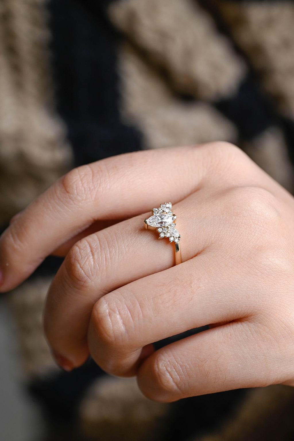 Solid Gold Marquise Moissanite Engagement Ring with Accent Stones