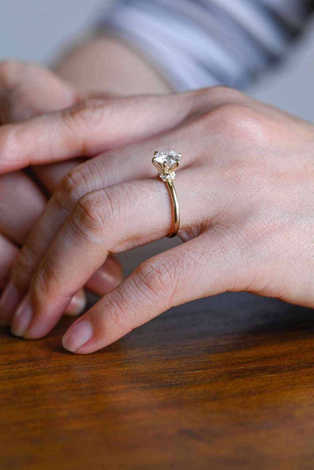 Solid Gold Hidden Halo Round Cut Moissanite Engagement Ring, Solitaire Promise Ring for Her