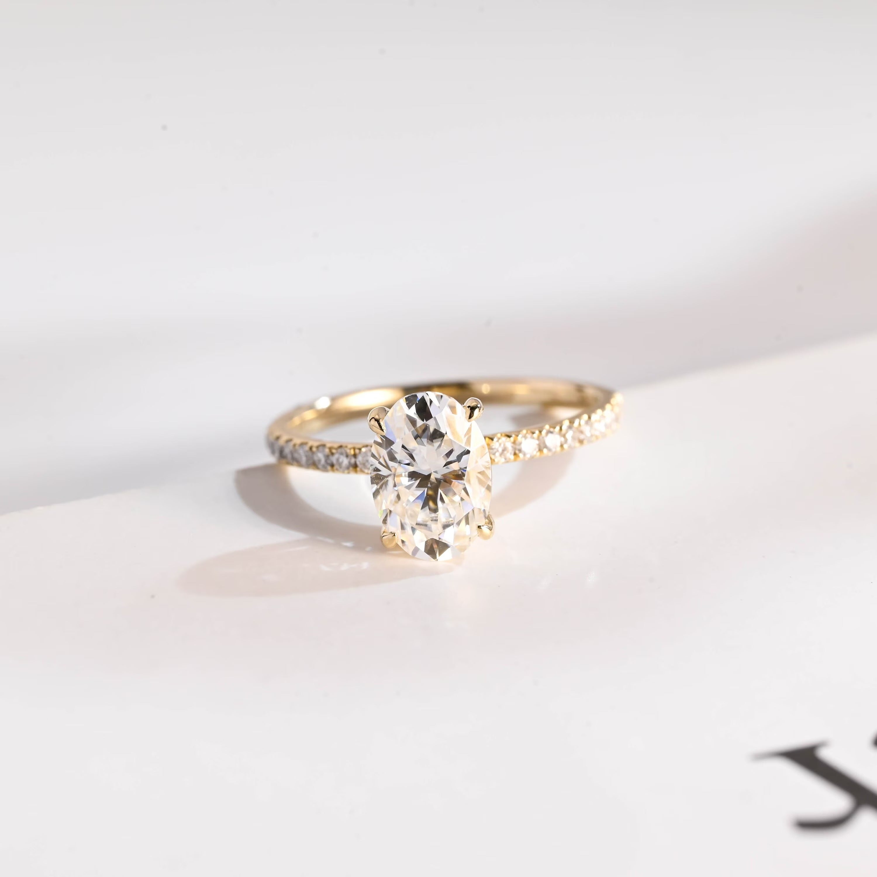 Solid Gold Oval Moissanite Engagement Ring, Half Pave Promise Ring Main image