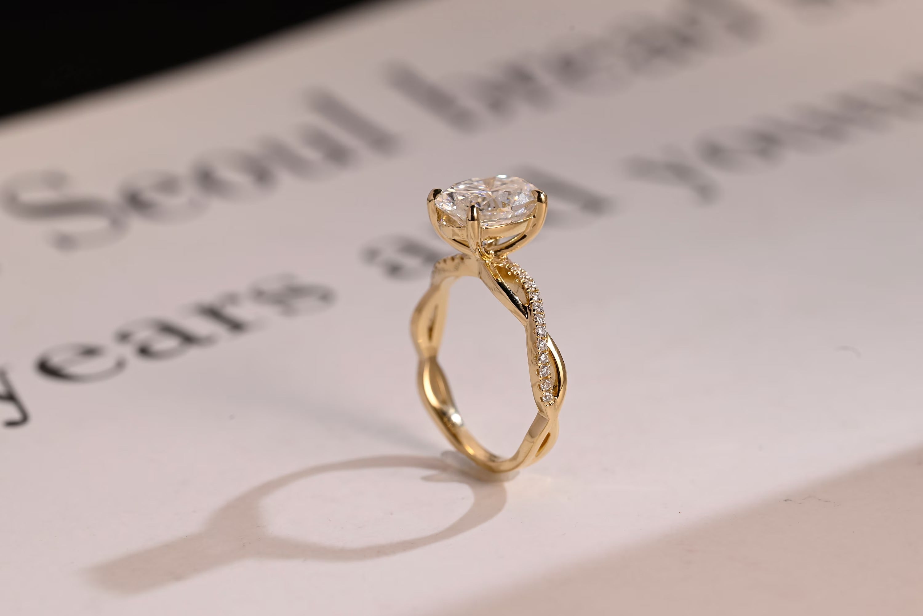 Solid Gold Oval Moissanite Engagement Ring, Twisted Band Half Eternity Bridal Ring