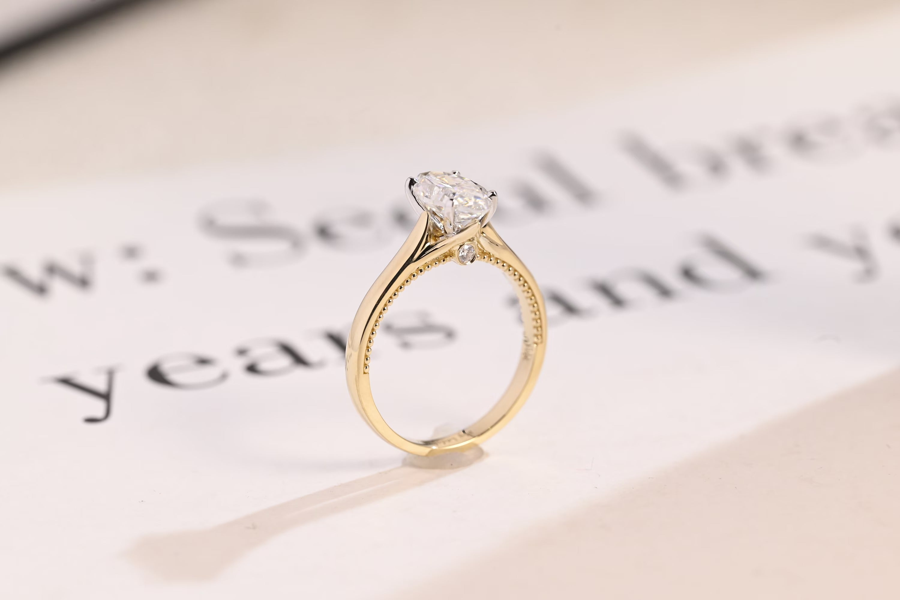 Solid Gold Two Tone Marquise Moissanite Engagement Ring, Unique Proposal Ring