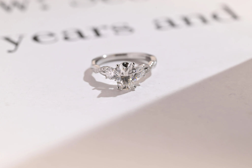 Solid Gold Oval Moissanite Engagement Ring, Twisted Band Half Eternity Bridal Ring
