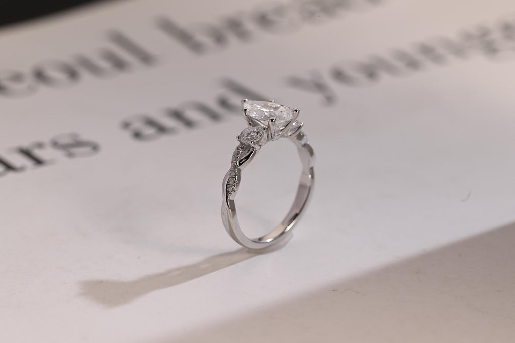 Solid Gold Pear Moissanite Engagement Ring, Twisted Band Half Eternity Bridal Ring