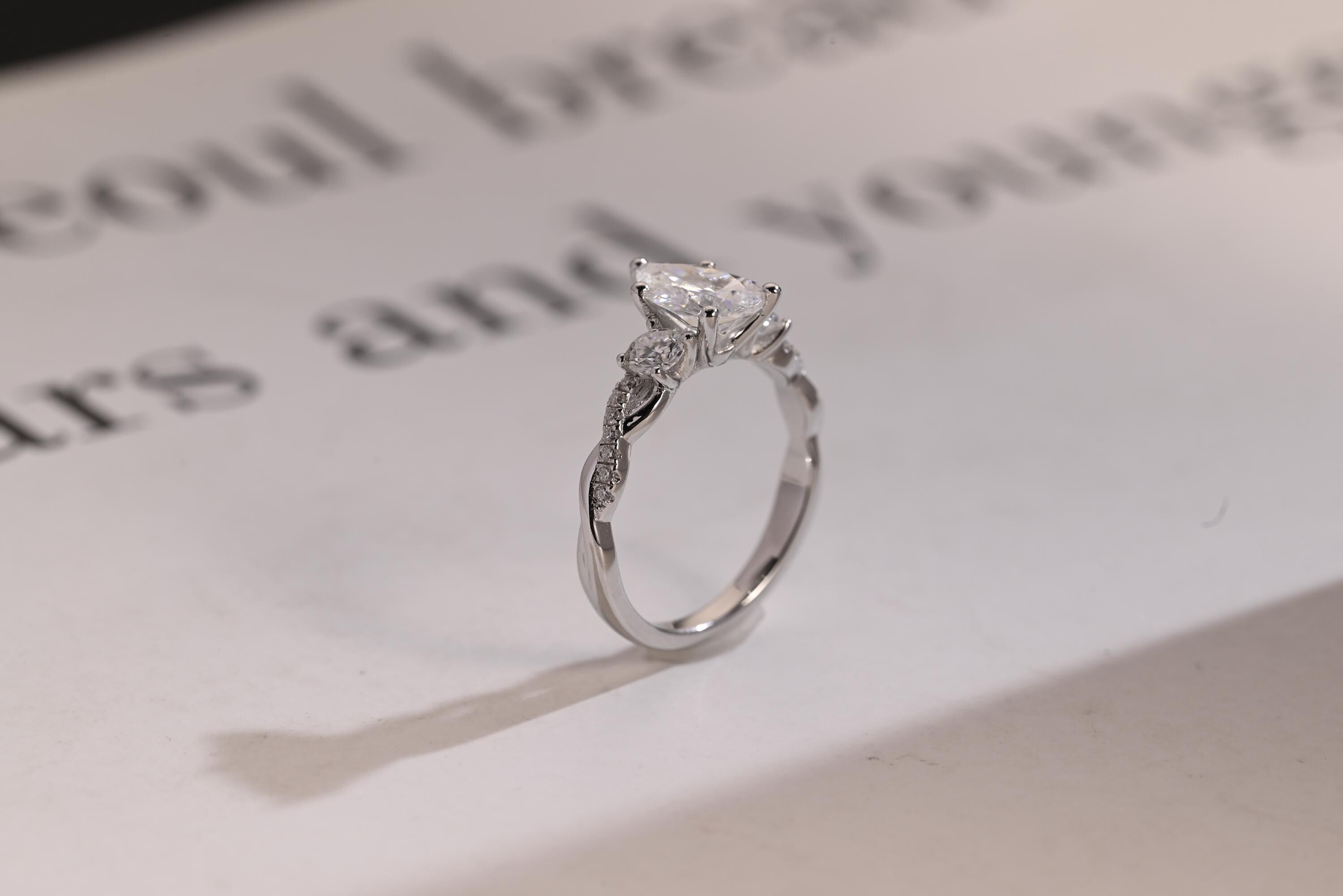 Solid Gold Pear Moissanite Engagement Ring, Twisted Band Half Eternity Bridal Ring