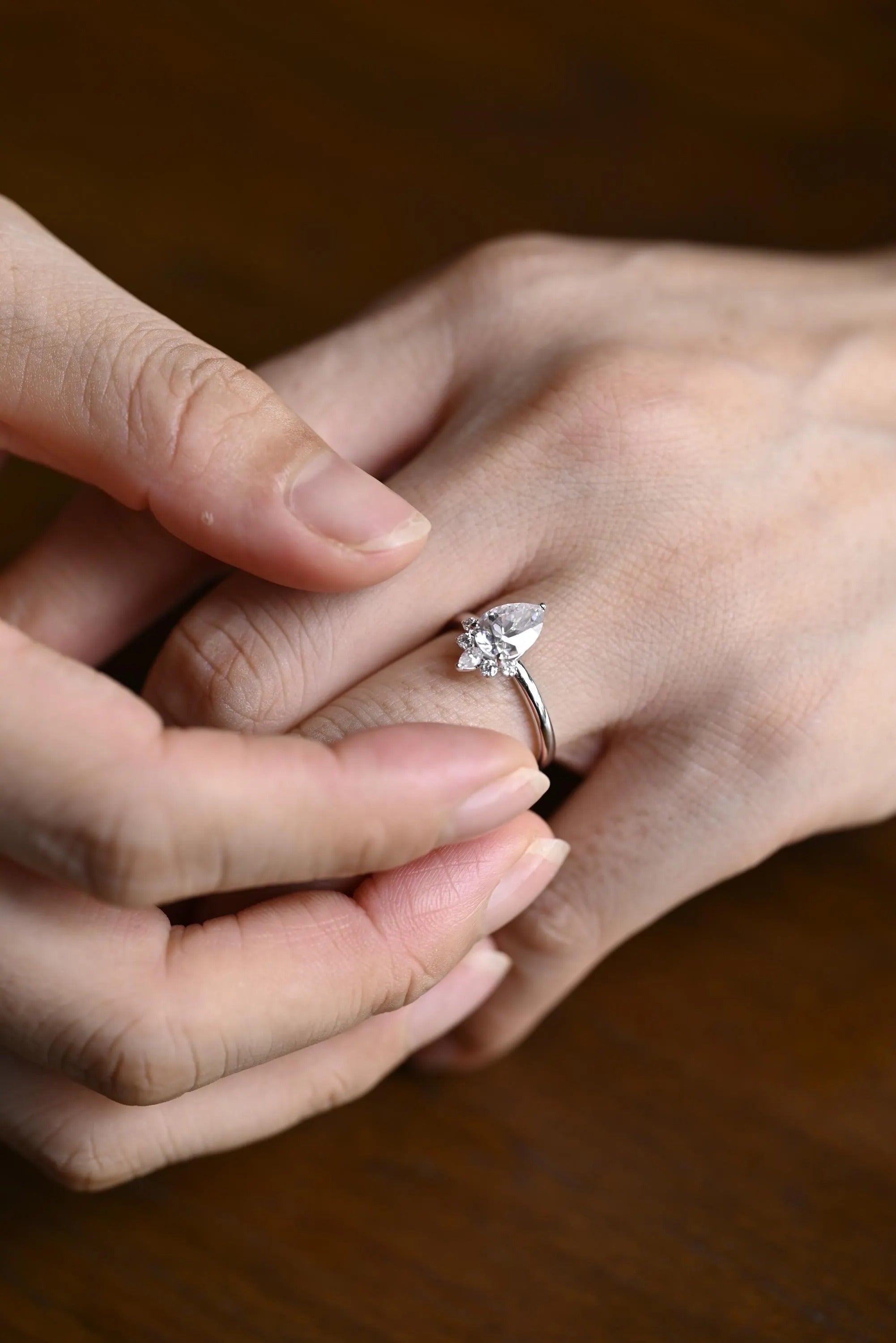 Solid Gold Pear Moissanite Engagement Ring with Accent Stone, Tear Drop Ring