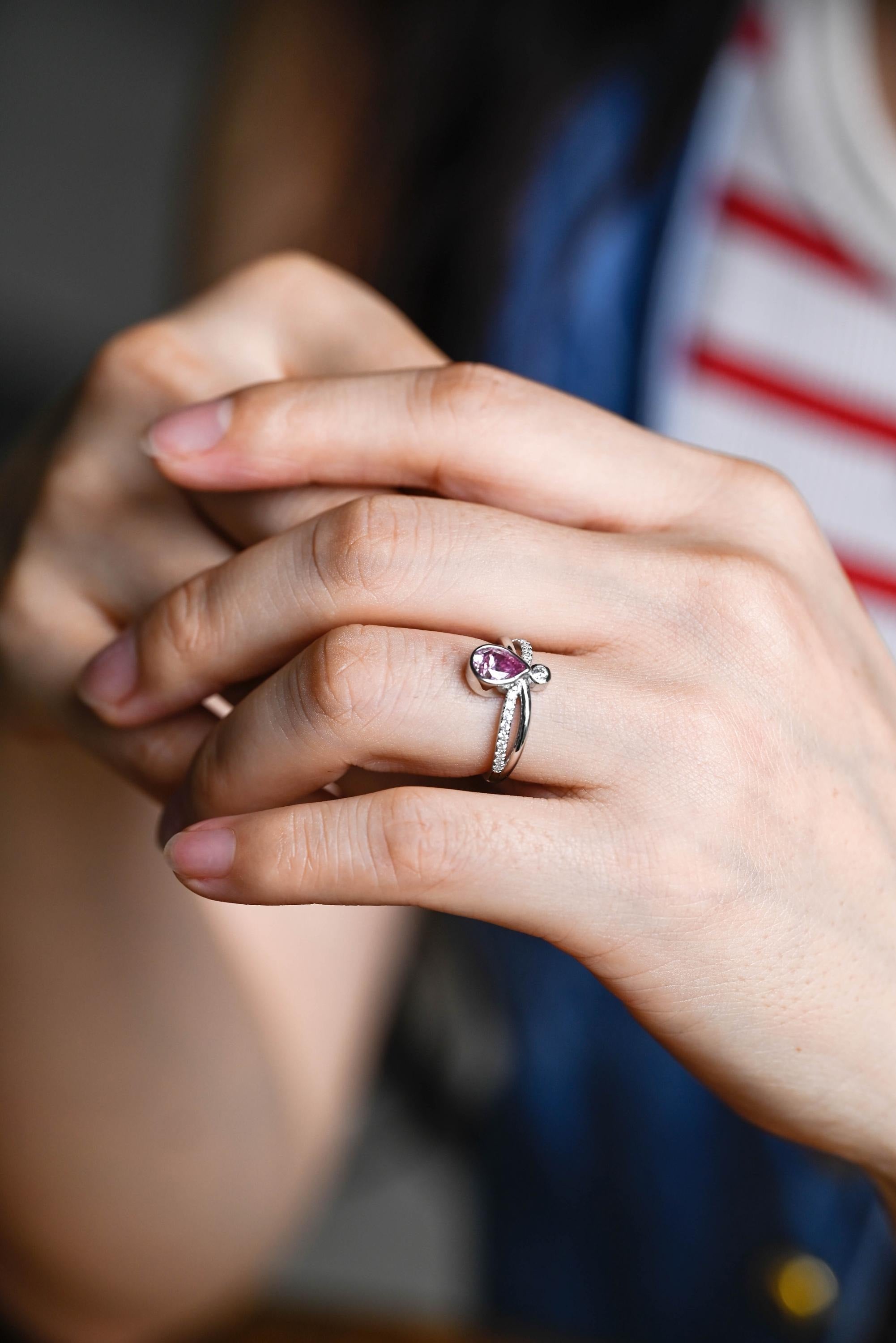 Solid Gold Pear Cut Purple Lab Grown Sapphire Engagement Ring, Split Shank Promise Ring