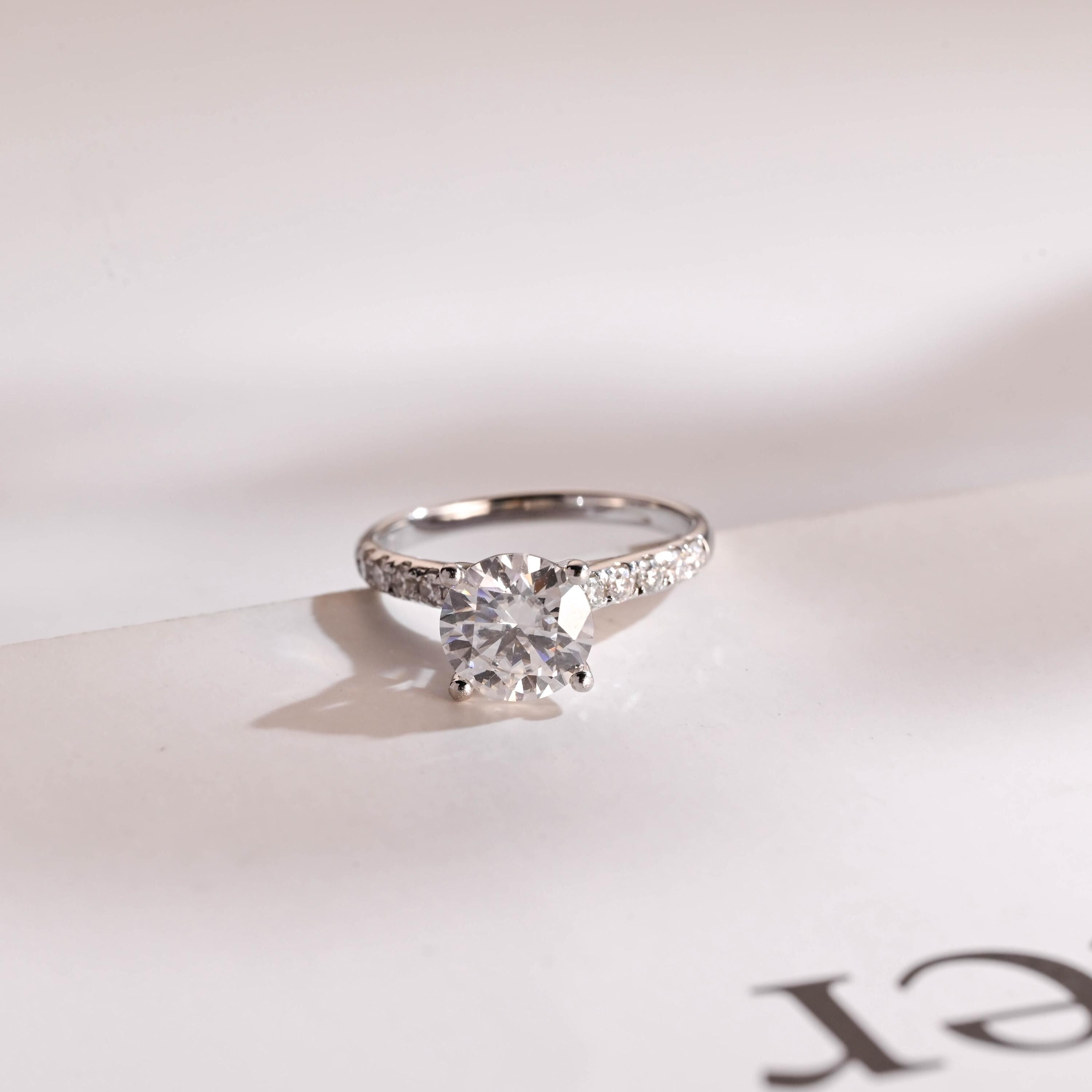 Solid Gold Hidden Halo Round Moissanite Engagement Ring, Half Eternity Promise Ring Main image