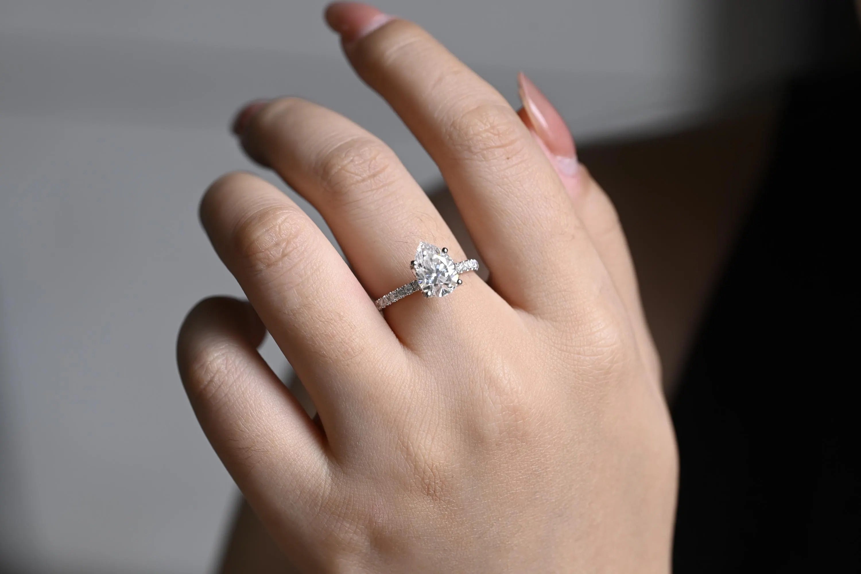 Solid Gold Tulip Flower Pave Pear Moissanite Engagement Ring, Promise Ring