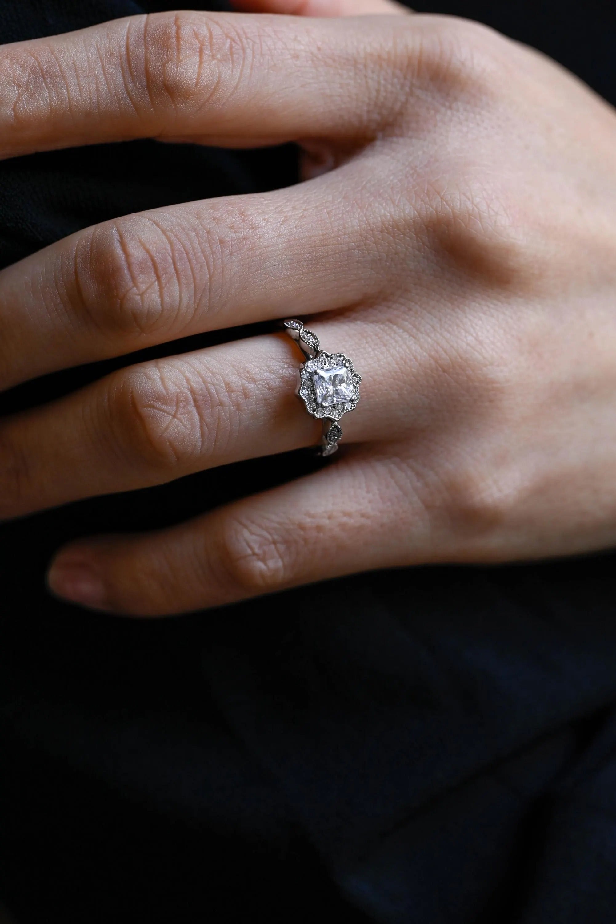 Solid Gold Princess Cut Moissanite Engagement Ring, Beaded Halo Proposal Ring