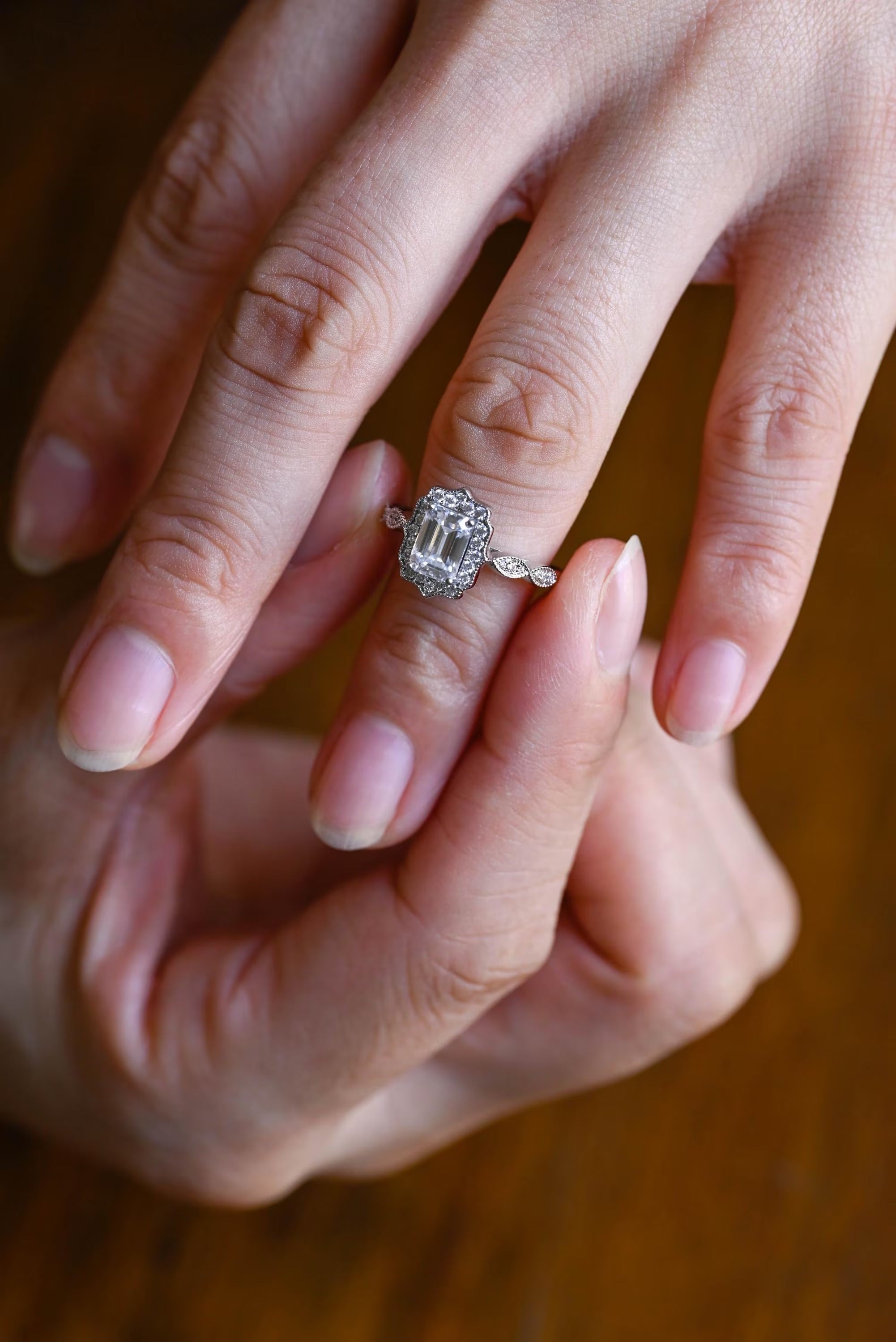 Solid Gold Emerald Cut Moissanite Engagement Ring, Beaded Halo Half Pave Ring